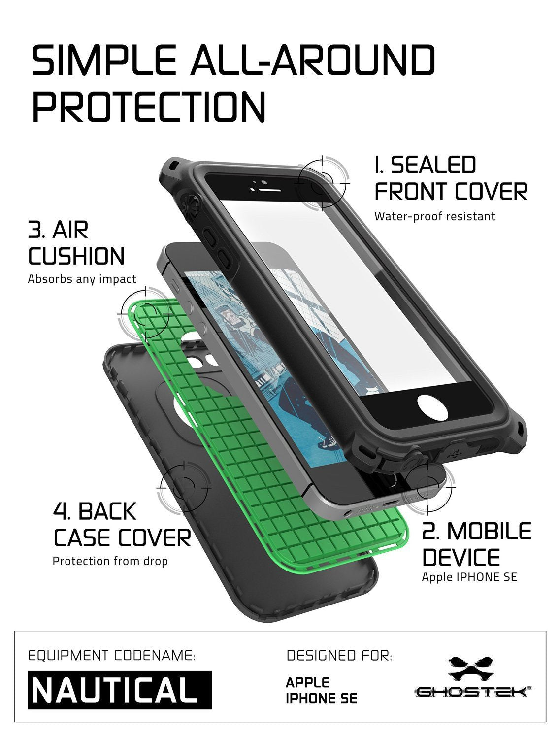 iPhone SE/5S/5 Waterproof Case, Ghostek® Nautical Black Series| Underwater | Aluminum Frame