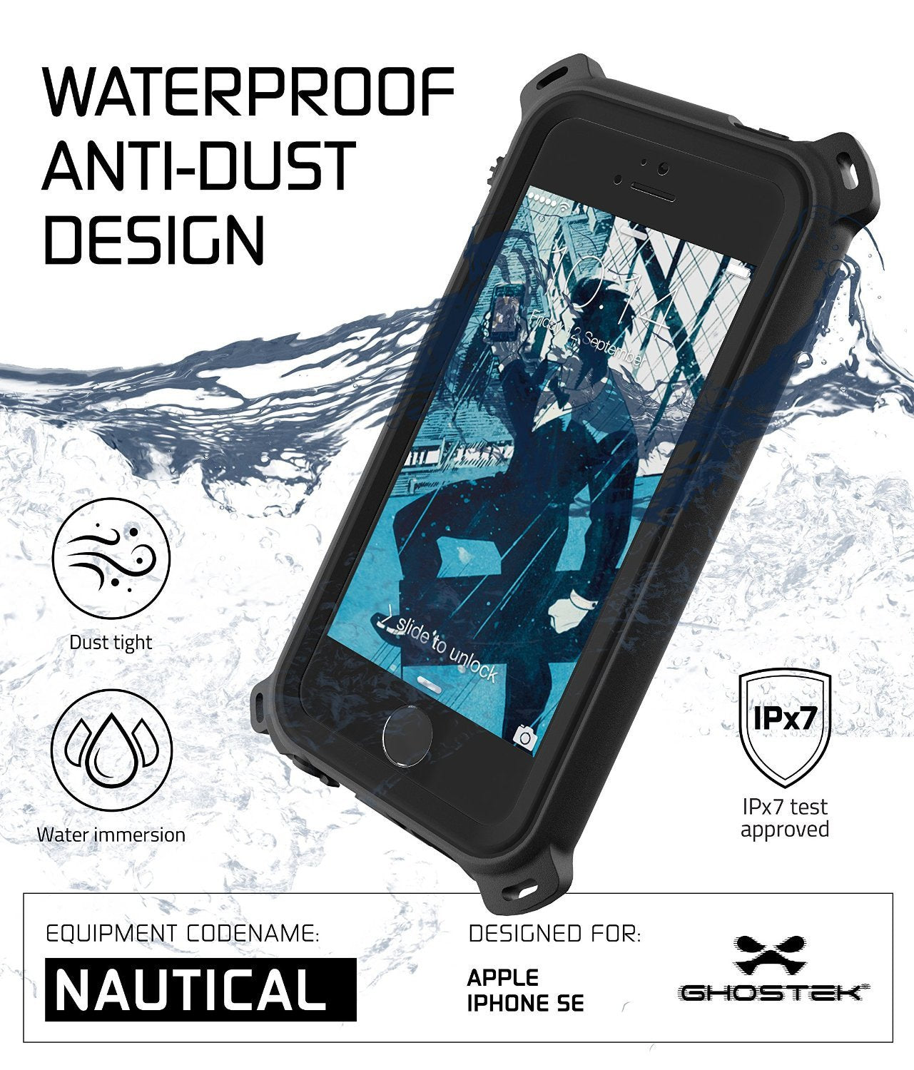 iPhone SE/5S/5 Waterproof Case, Ghostek® Nautical Black Series| Underwater | Aluminum Frame