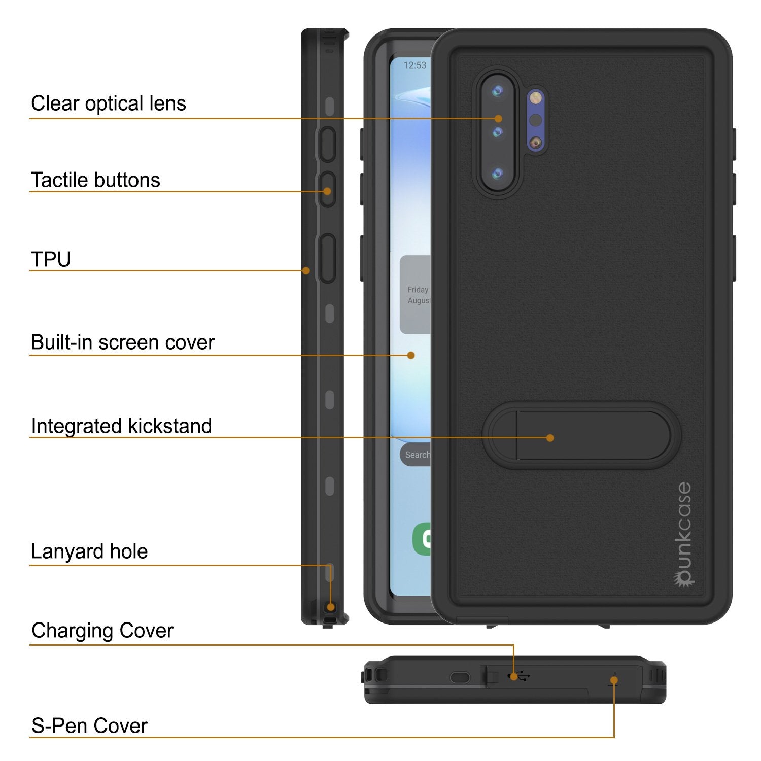 PunkCase Galaxy Note 10+ Plus Waterproof Case, [KickStud Series] Armor Cover [Black]