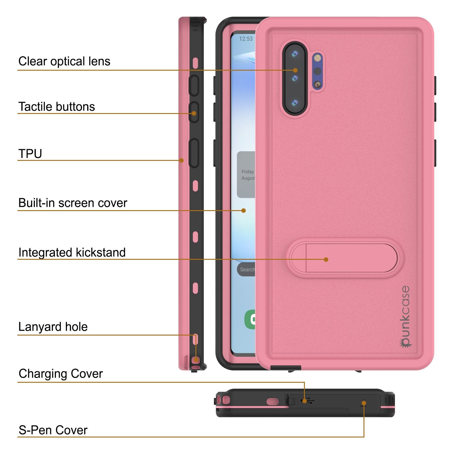 PunkCase Galaxy Note 10+ Plus Waterproof Case, [KickStud Series] Armor Cover [Pink]