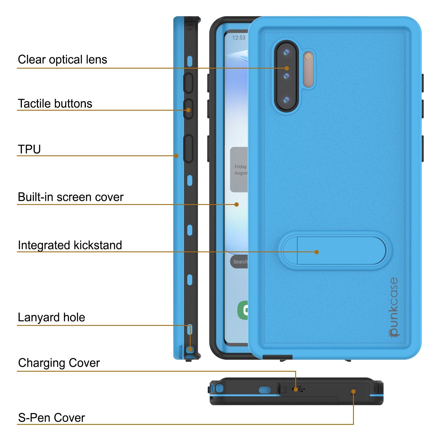 PunkCase Galaxy Note 10 Waterproof Case, [KickStud Series] Armor Cover [Light-Blue]