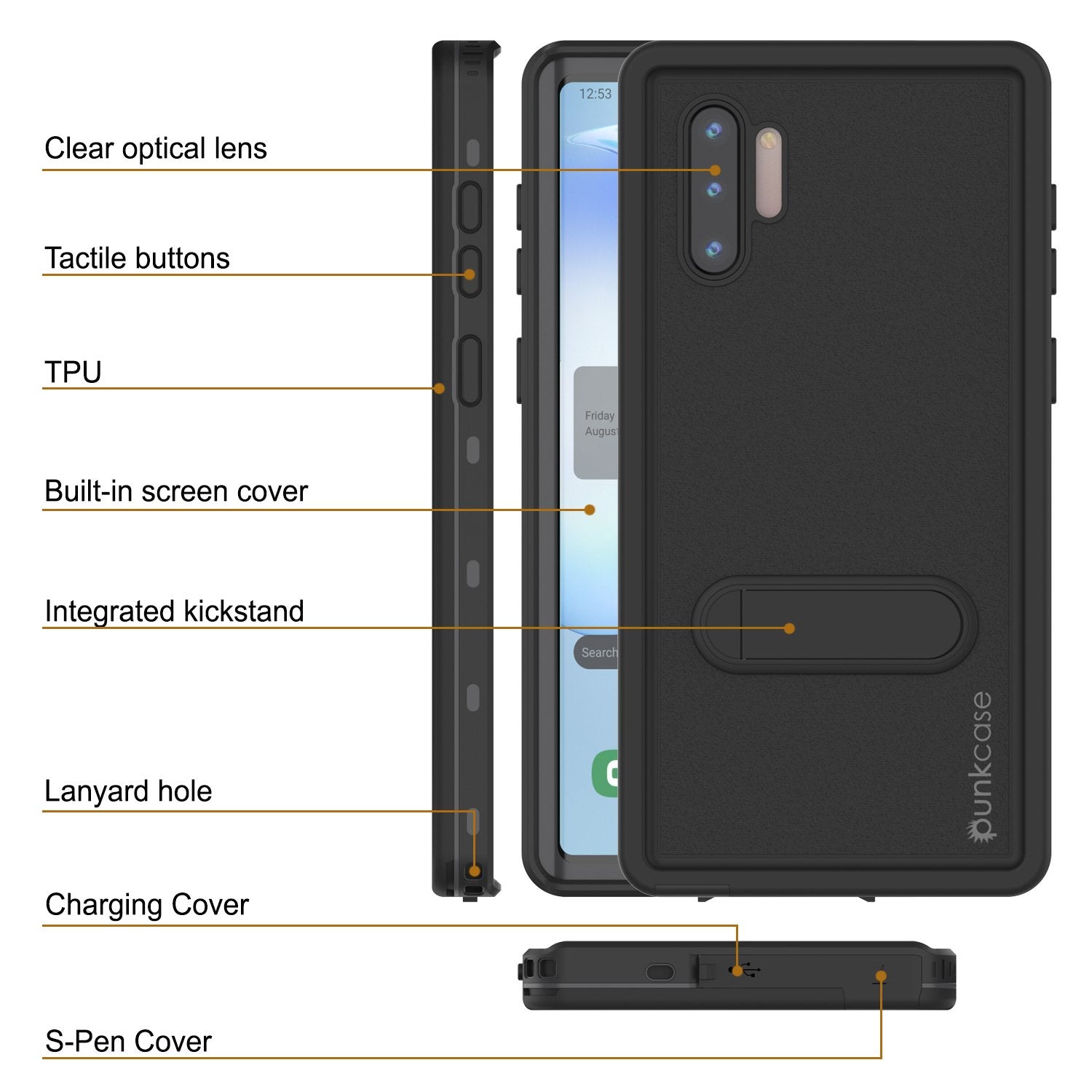 PunkCase Galaxy Note 10 Waterproof Case, [KickStud Series] Armor Cover [Black]