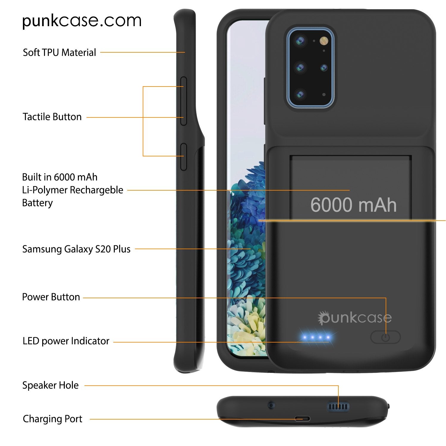 PunkJuice S20+ Plus Battery Case All Black - Fast Charging Power Juice Bank with 6000mAh
