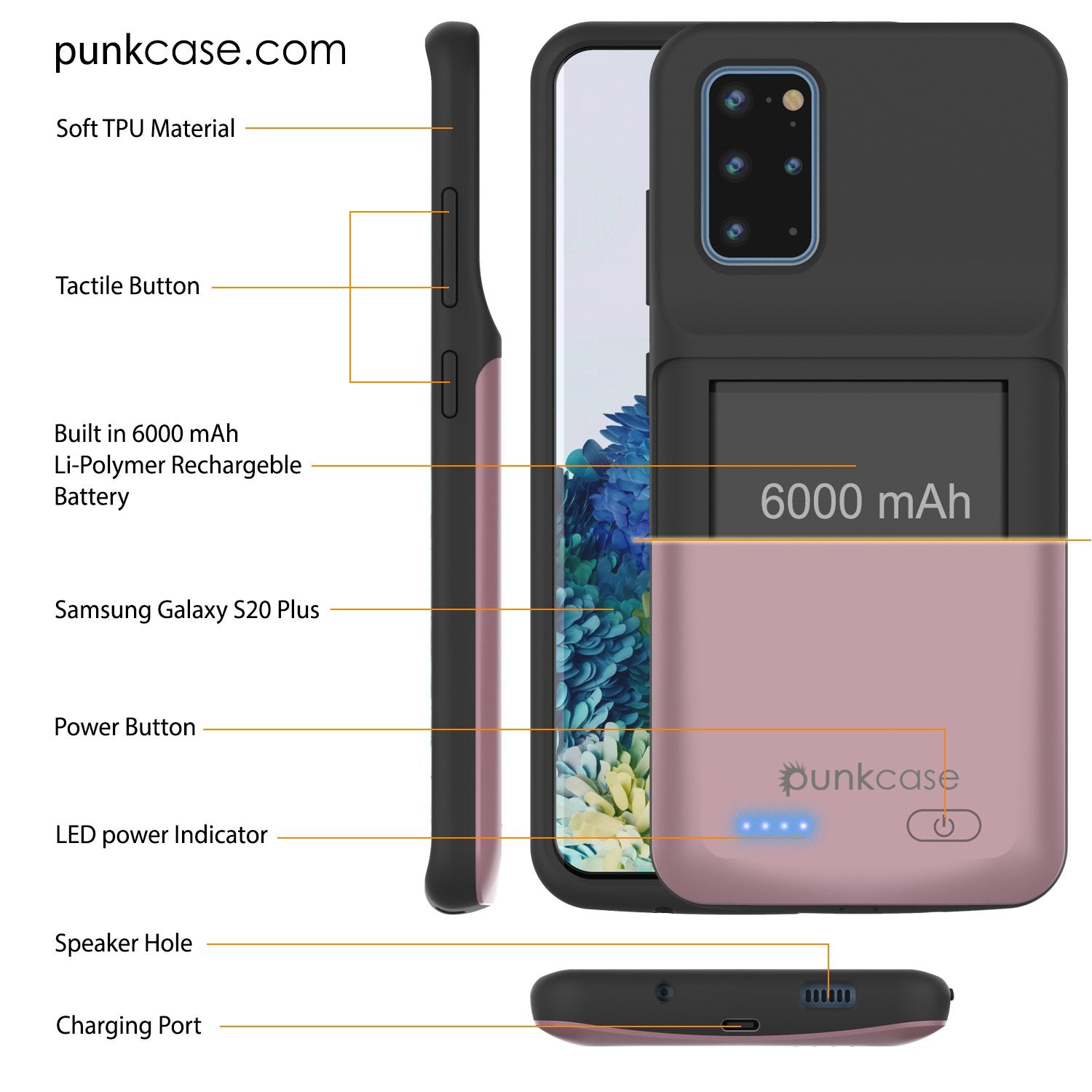 PunkJuice S20+ Plus Battery Case Rose - Fast Charging Power Juice Bank with 6000mAh