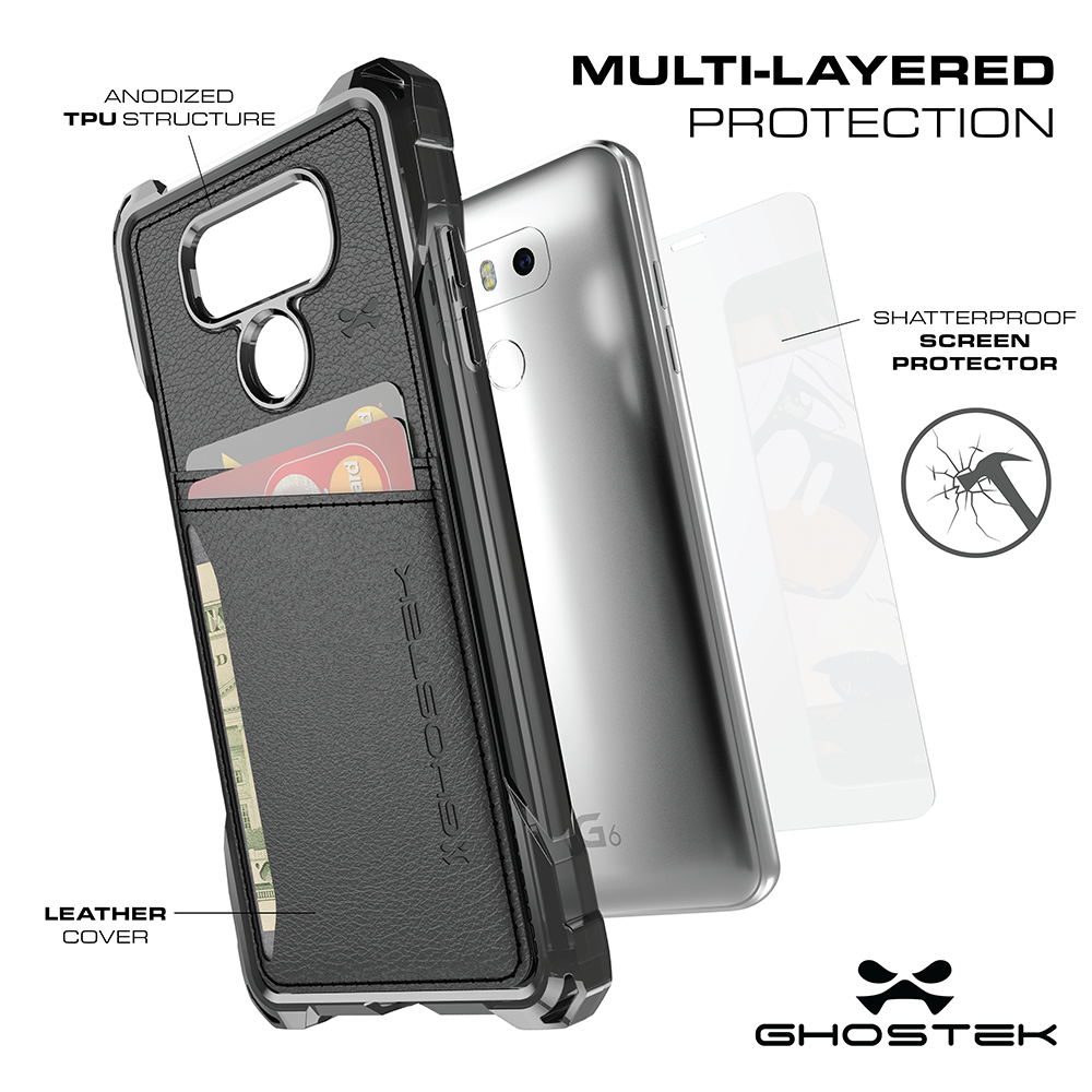 LG G6 Wallet Case, Ghostek Exec Black Series | Slim Armor Hybrid Impact Bumper | TPU PU Leather Credit Card Slot Holder Sleeve Cover