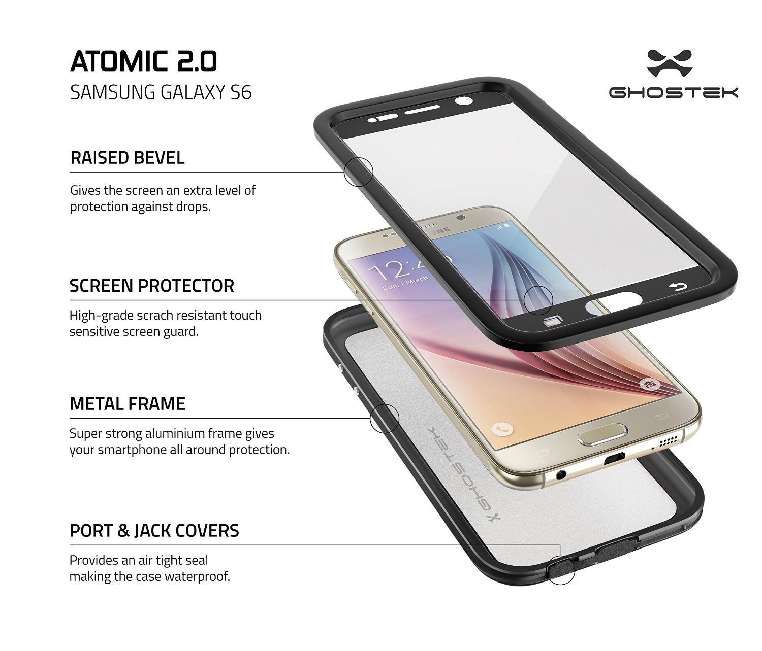 Galaxy S6 Waterproof Case, Ghostek Atomic 2.0 Black  Water/Shock/Dirt/Snow Proof | Lifetime Warranty