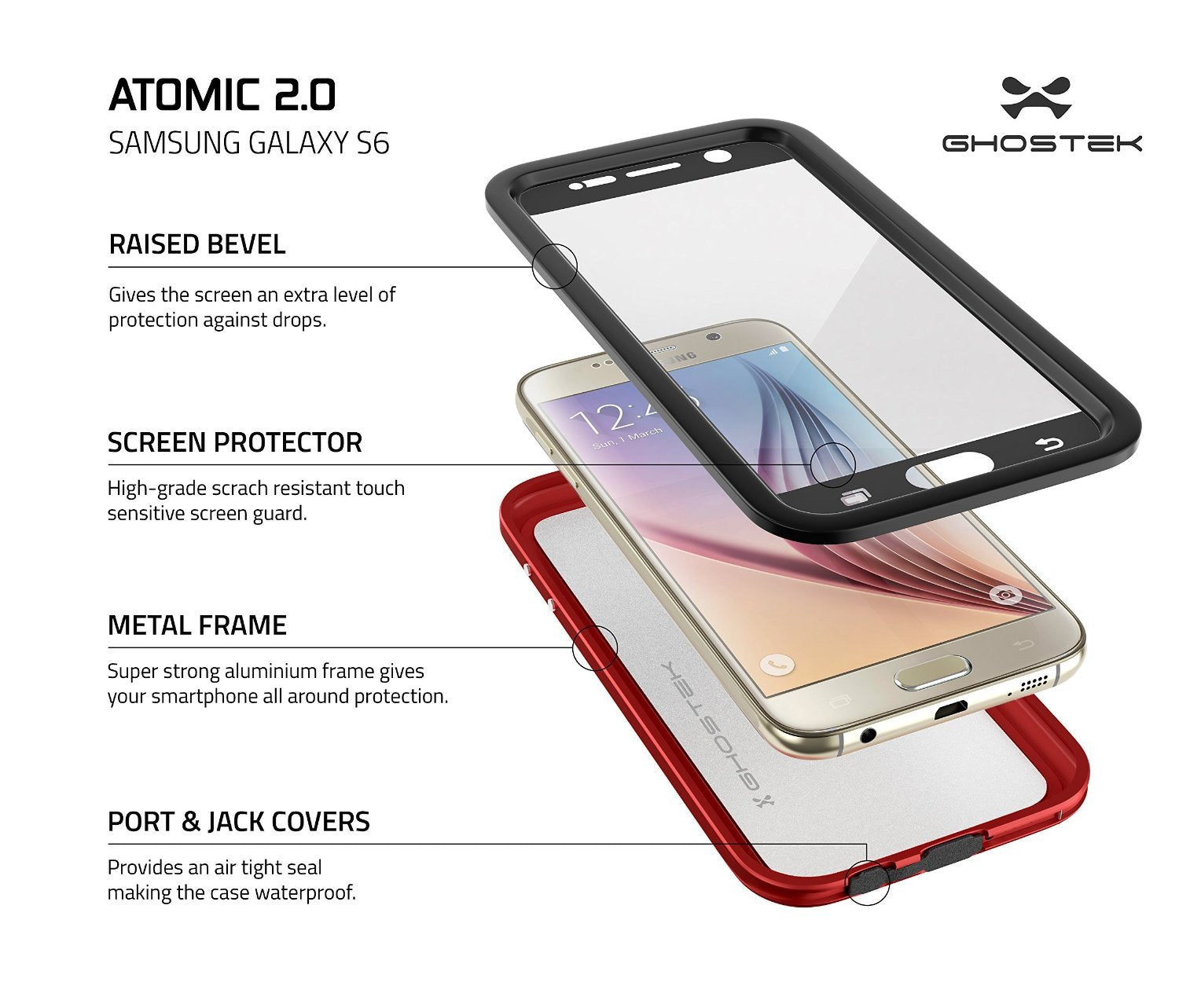 Galaxy S6 Waterproof Case, Ghostek Atomic 2.0 Red  Water/Shock/Dirt/Snow Proof | Lifetime Warranty