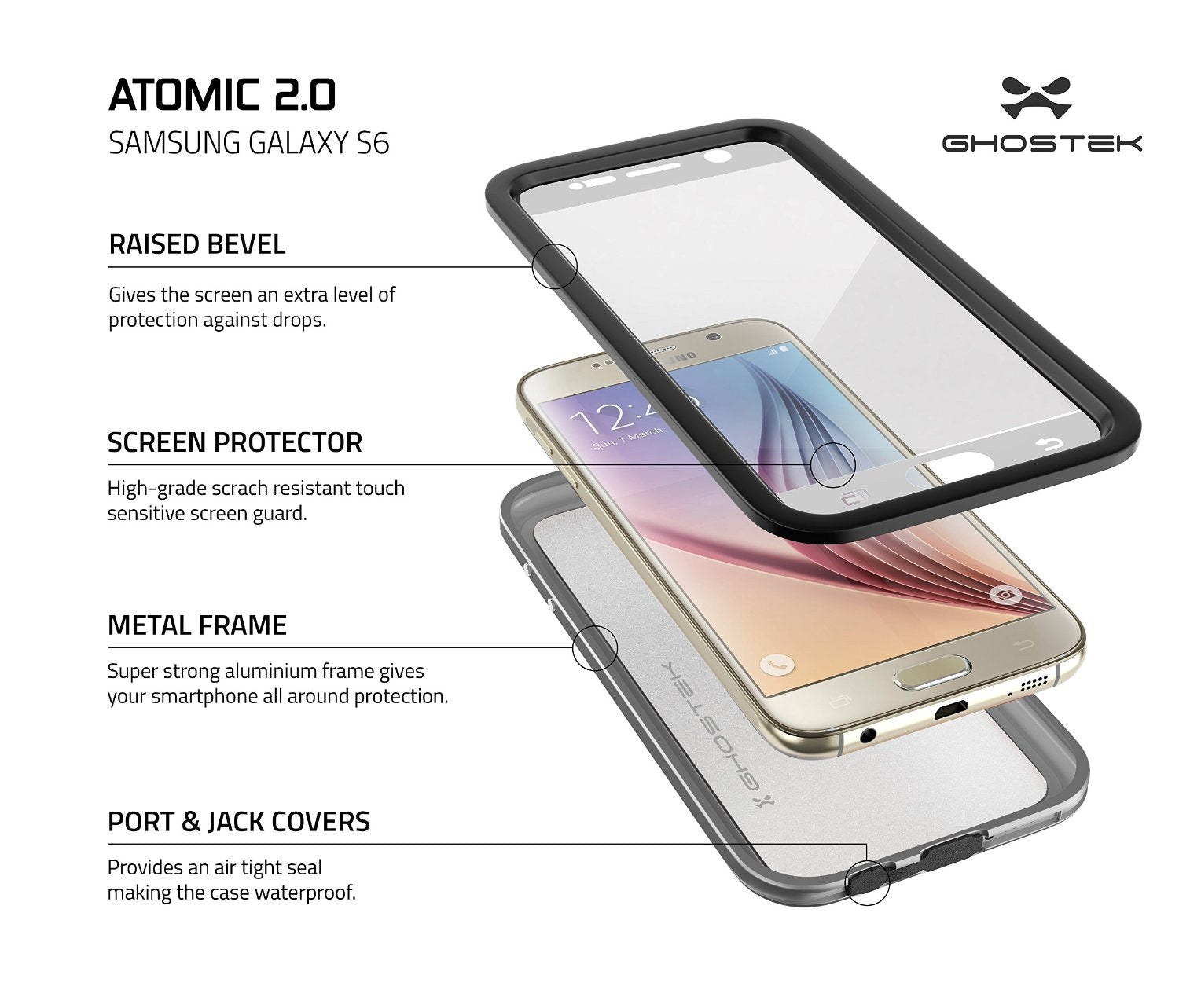 Galaxy S6 Waterproof Case, Ghostek Atomic 2.0 Silver Water/Shock/Dirt/Snow Proof | Lifetime Warranty