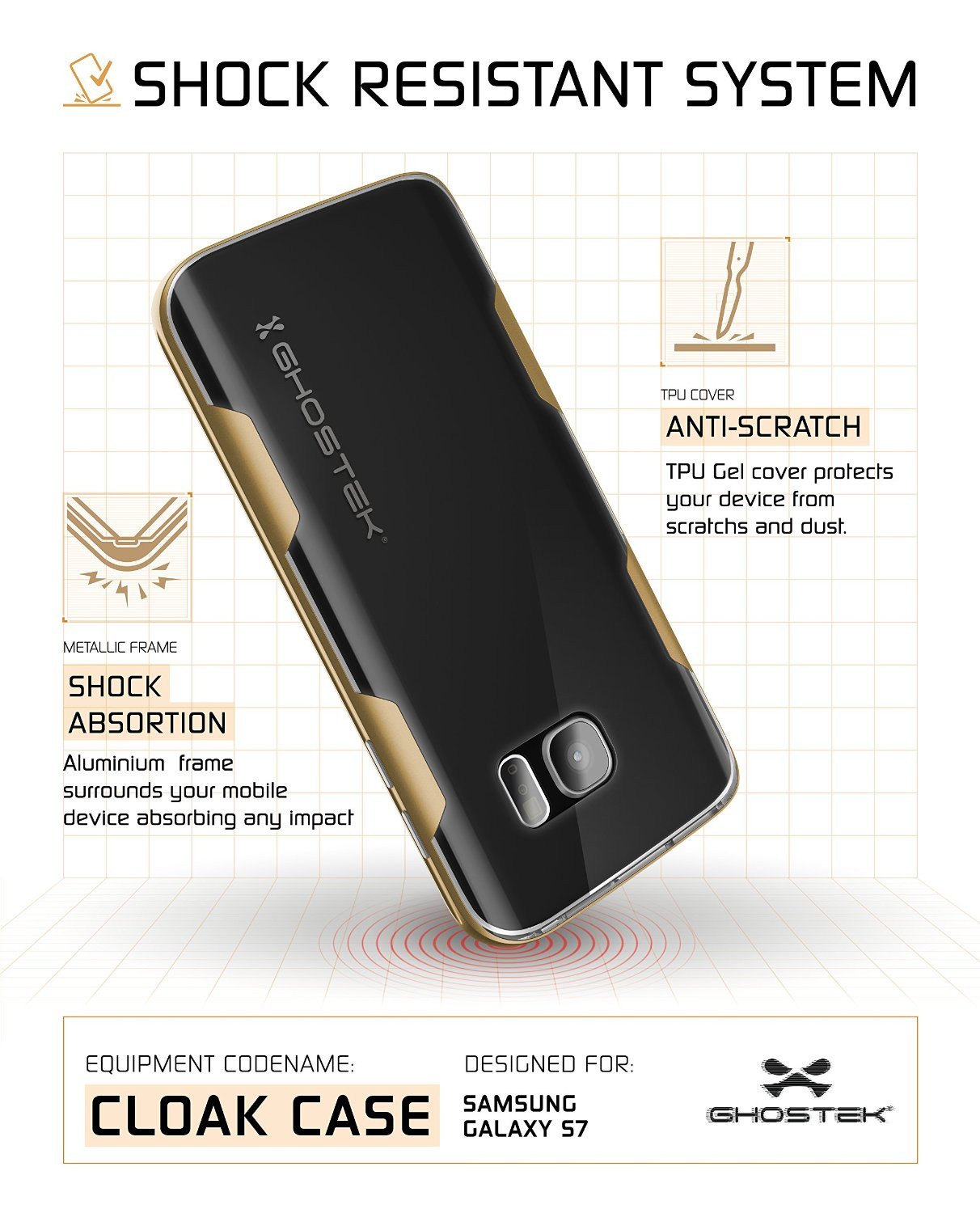 Galaxy S7 Case, Ghostek Cloak Series Gold  Slim Premium Protective Hybrid Impact Glass Armor