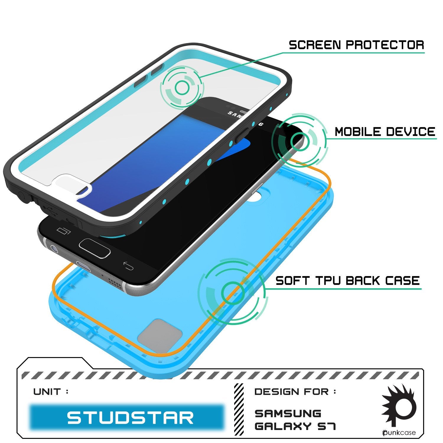 Galaxy S7 Waterproof Case PunkCase StudStar Light Blue Thin 6.6ft Underwater IP68 Shock/Dirt Proof