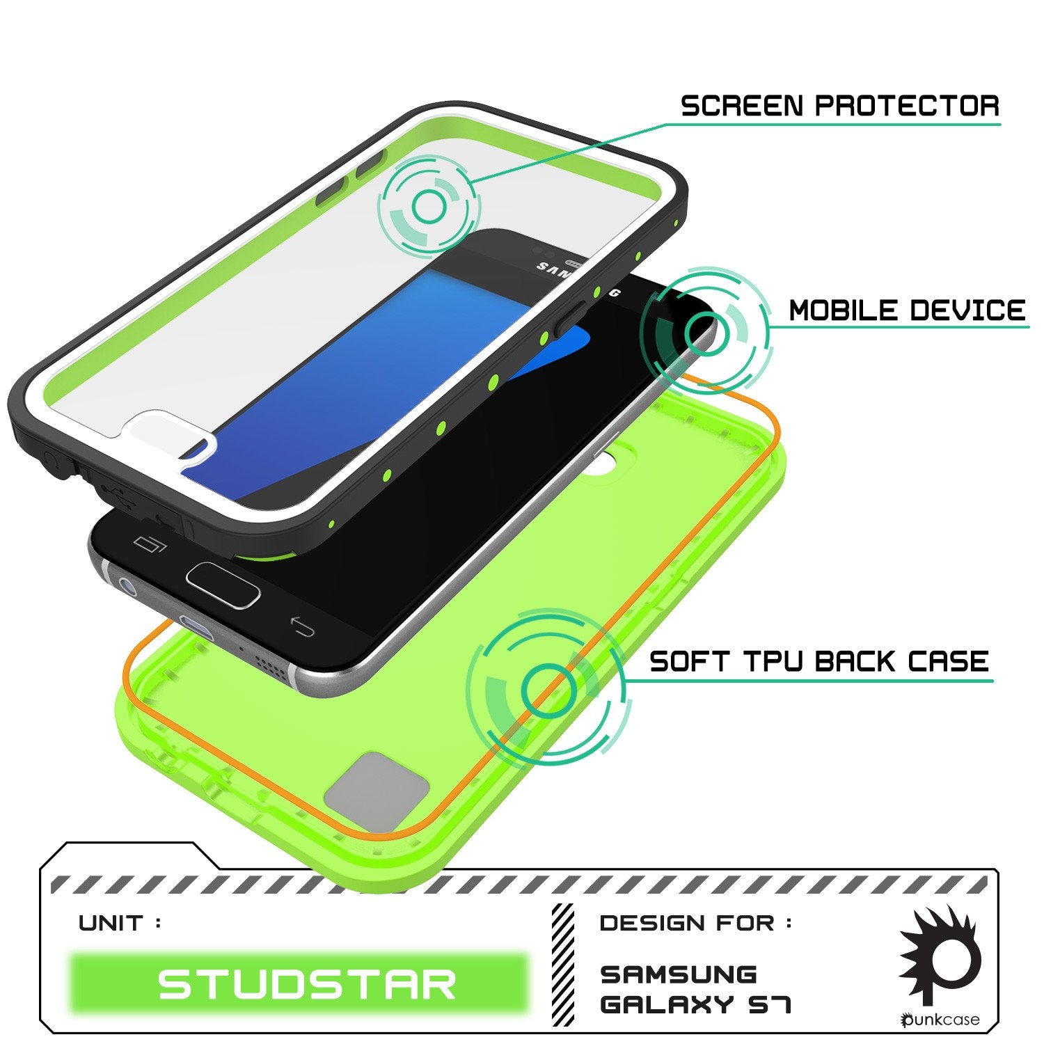 Galaxy S7 Waterproof Case PunkCase StudStar Light Green Thin 6.6ft Underwater IP68 Shock/DirtProof