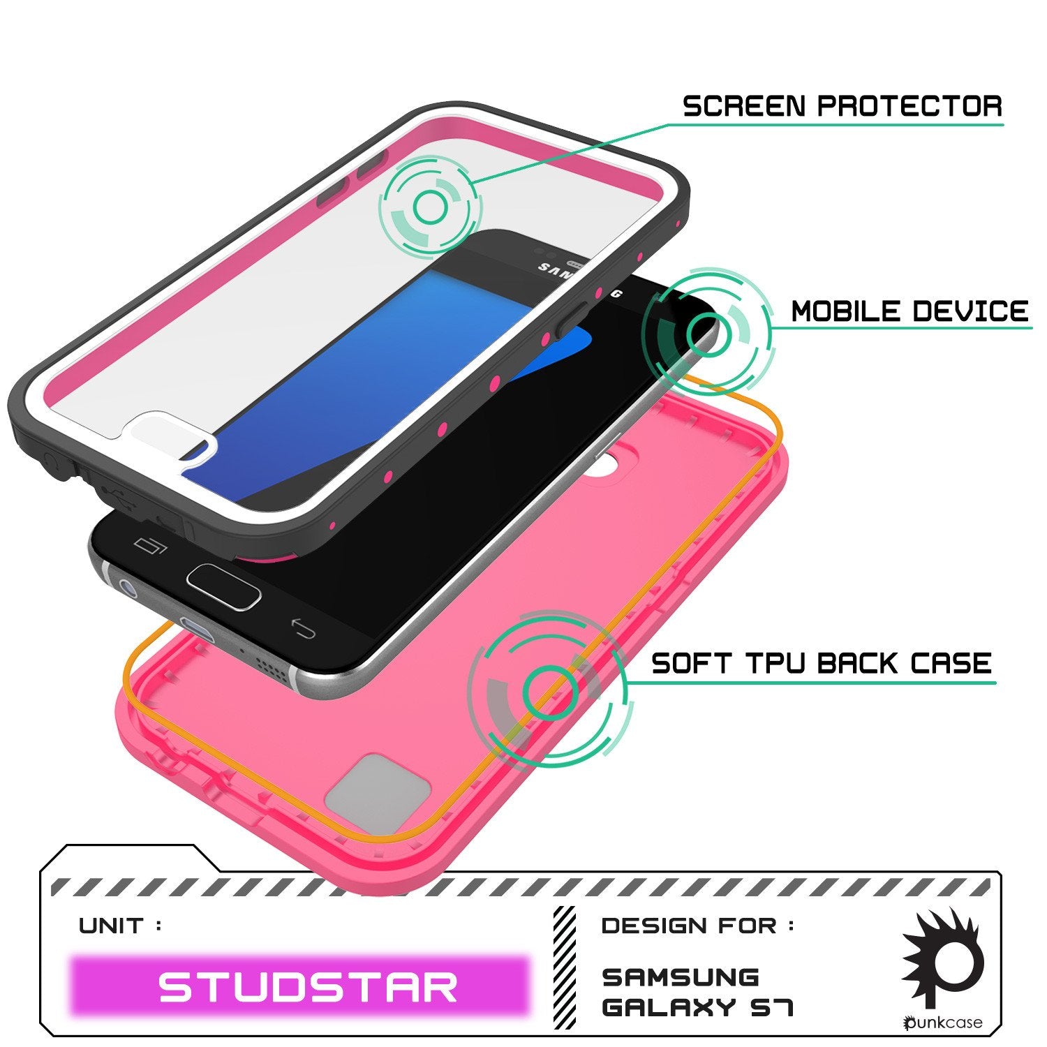 Galaxy S7 Waterproof Case PunkCase StudStar Pink Thin 6.6ft Underwater IP68 Shock/Dirt/Snow Proof