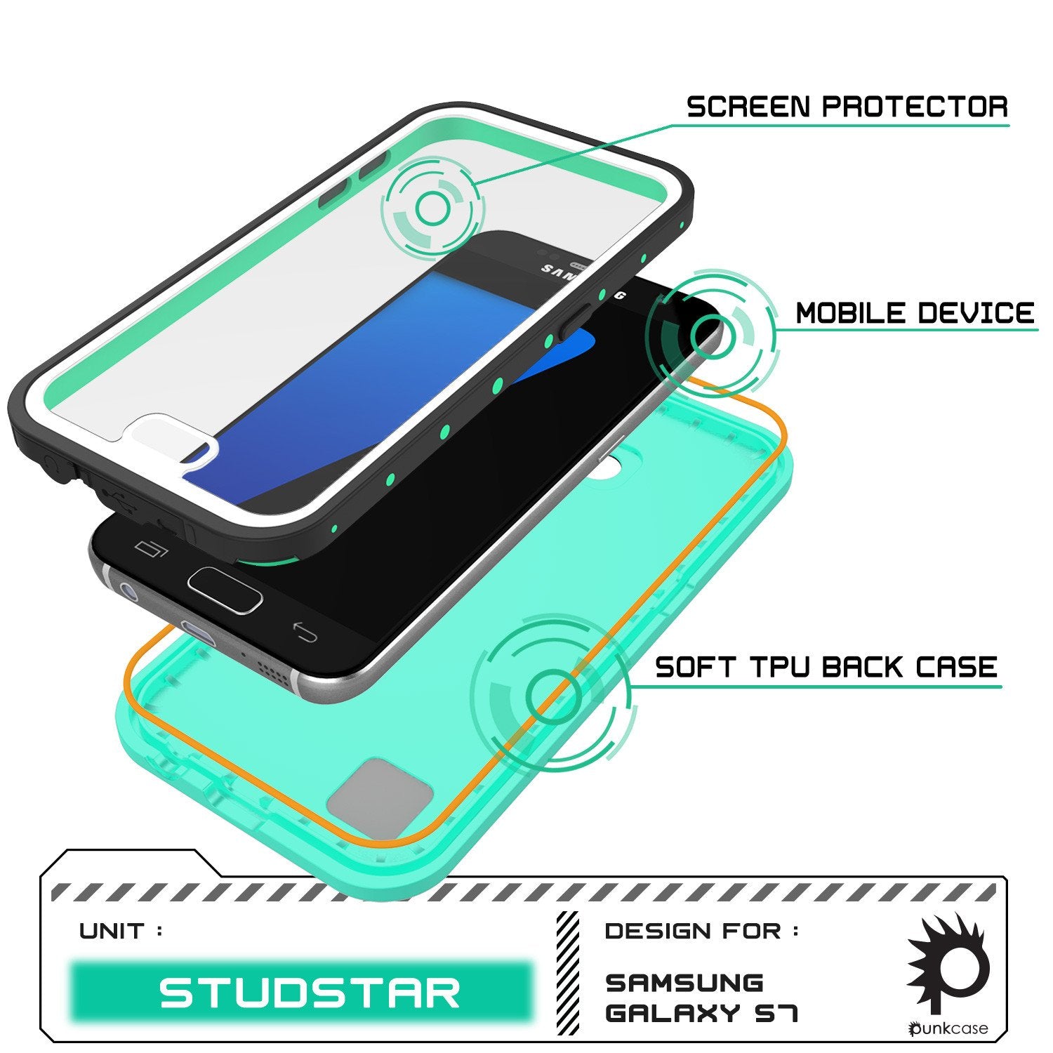Galaxy S7 Waterproof Case PunkCase StudStar Teal Thin 6.6ft Underwater IP68 Shock/Dirt/Snow Proof