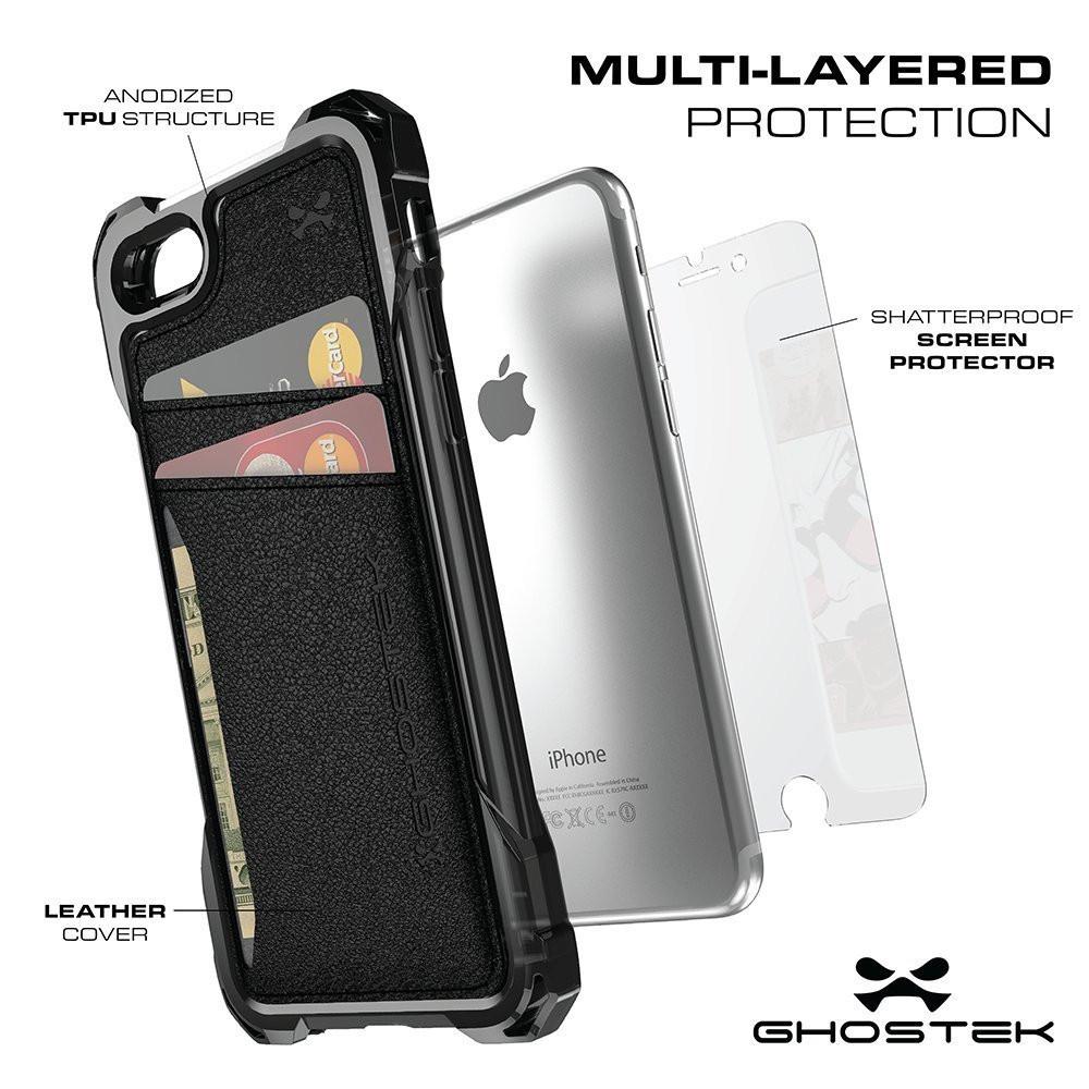iPhone 7 Wallet Case, Ghostek Exec Brown Series | Slim Armor Hybrid Impact Bumper | TPU PU Leather Credit Card Slot Holder Sleeve Cover