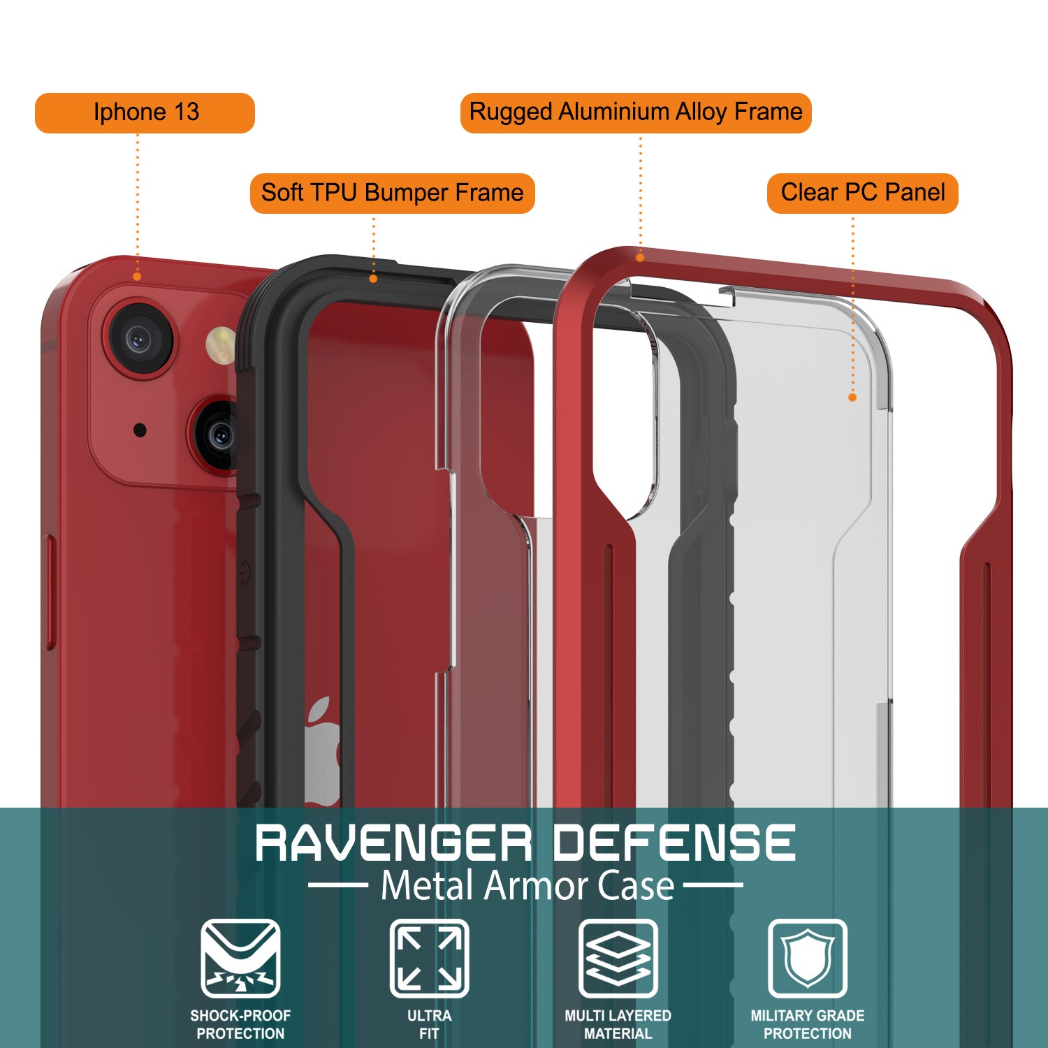 Punkcase iPhone 13 ravenger Case Protective Military Grade Multilayer Cover [Red]