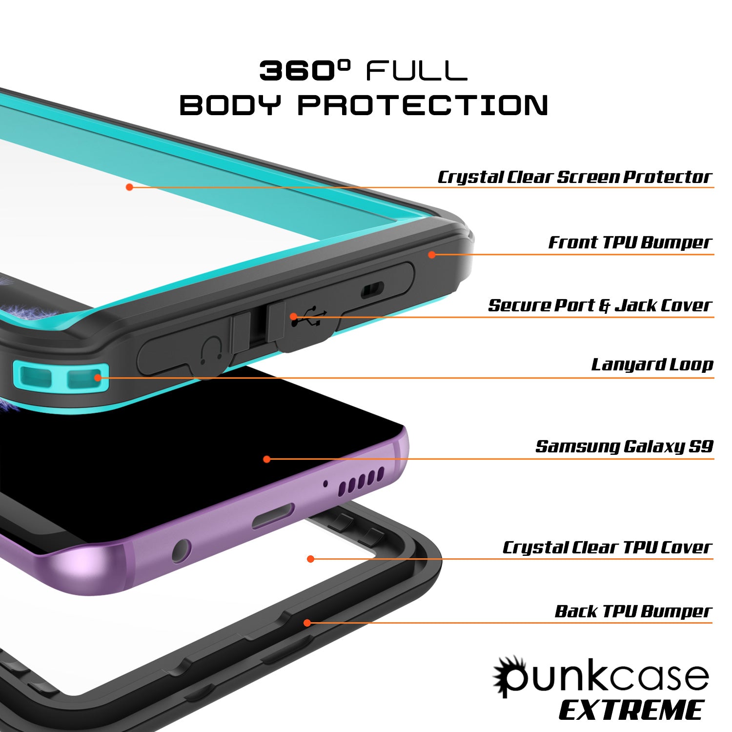 Galaxy S9 Plus, Punkcase Extreme W/ Built Screen Protector Case Teal