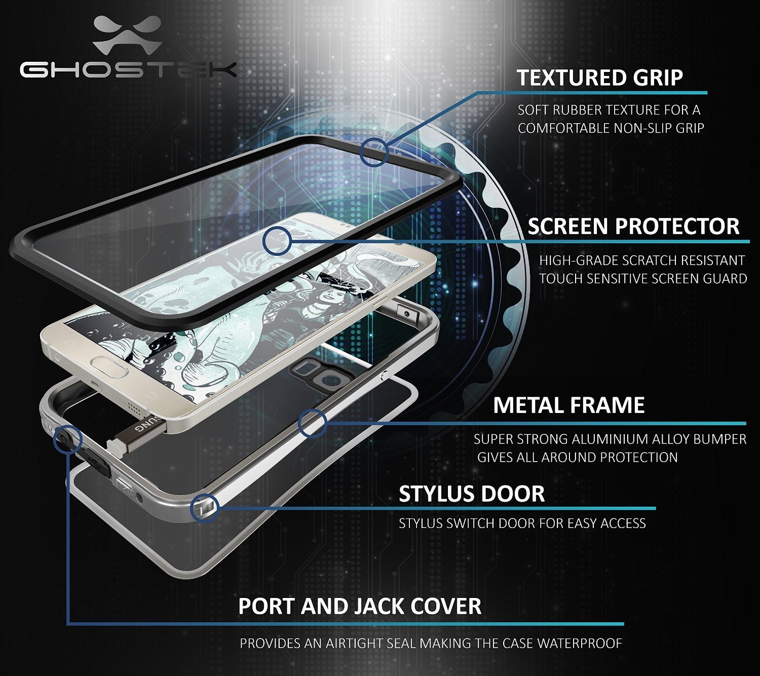 Note 5 Waterproof Case, Ghostek® Atomic 2.0 Series Silver for Samsung Galaxy Note 5 | Aluminum Frame