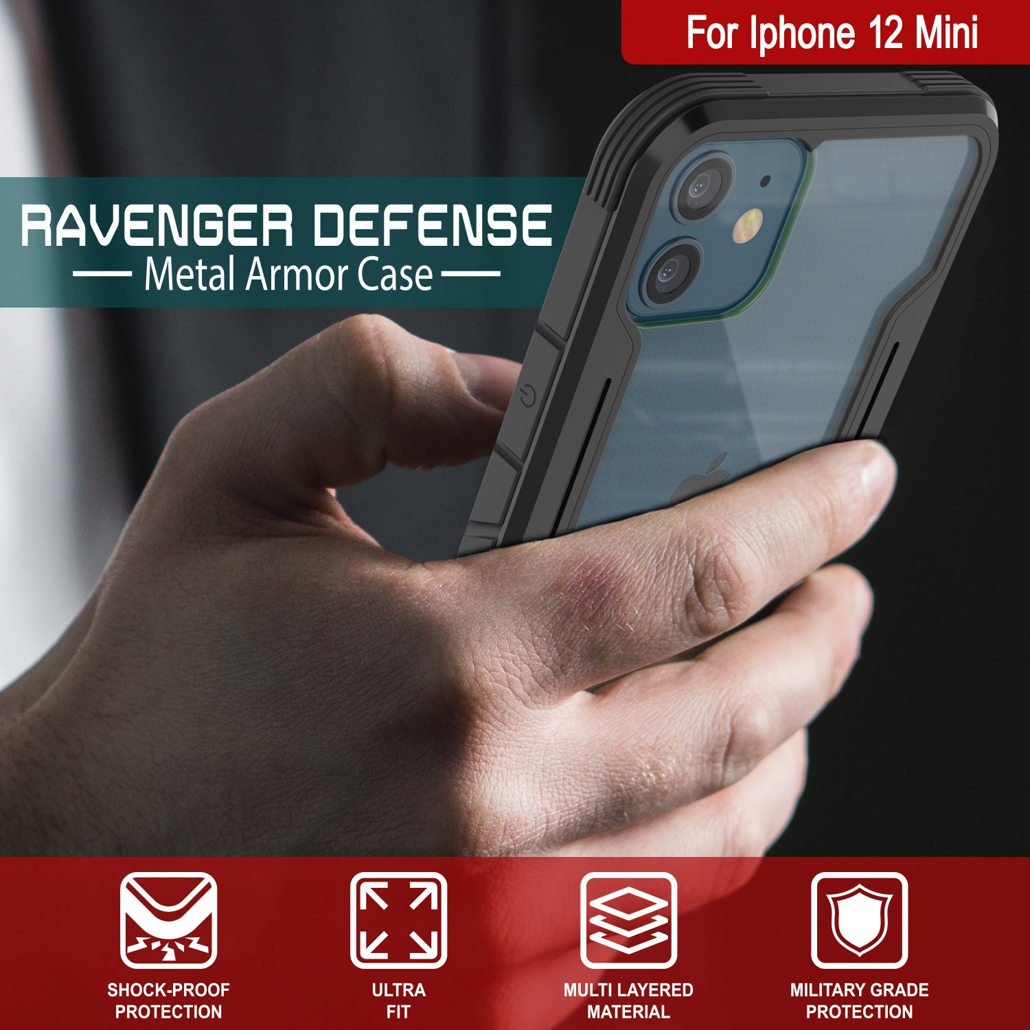 Punkcase iPhone 12 Mini ravenger Case Protective Military Grade Multilayer Cover [Black]