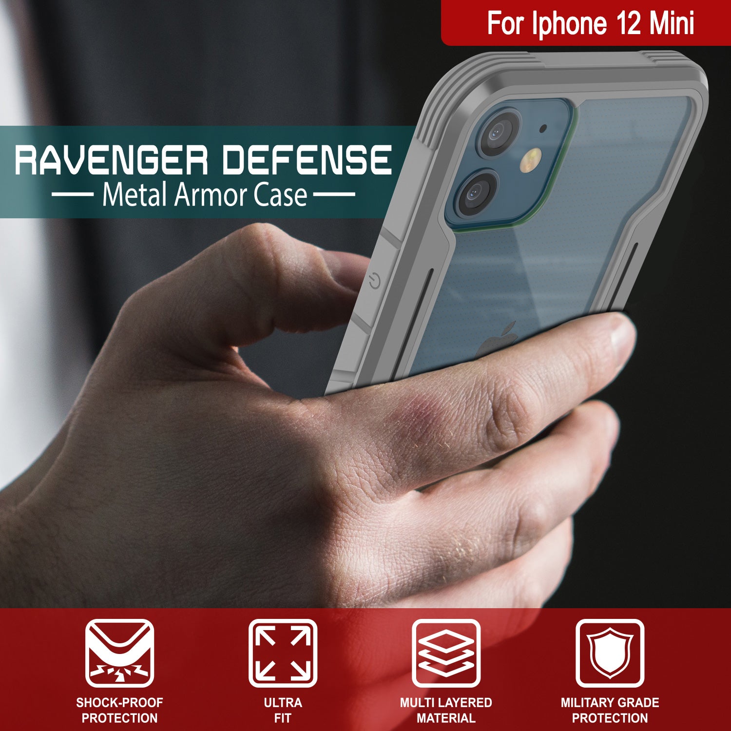 Punkcase iPhone 12 Mini ravenger Case Protective Military Grade Multilayer Cover [Grey]