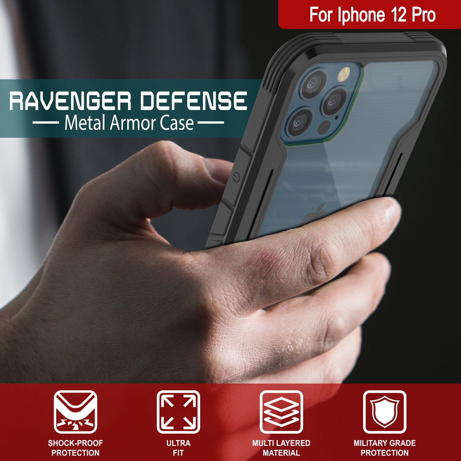 Punkcase iPhone 12 Pro ravenger Case Protective Military Grade Multilayer Cover [Black]