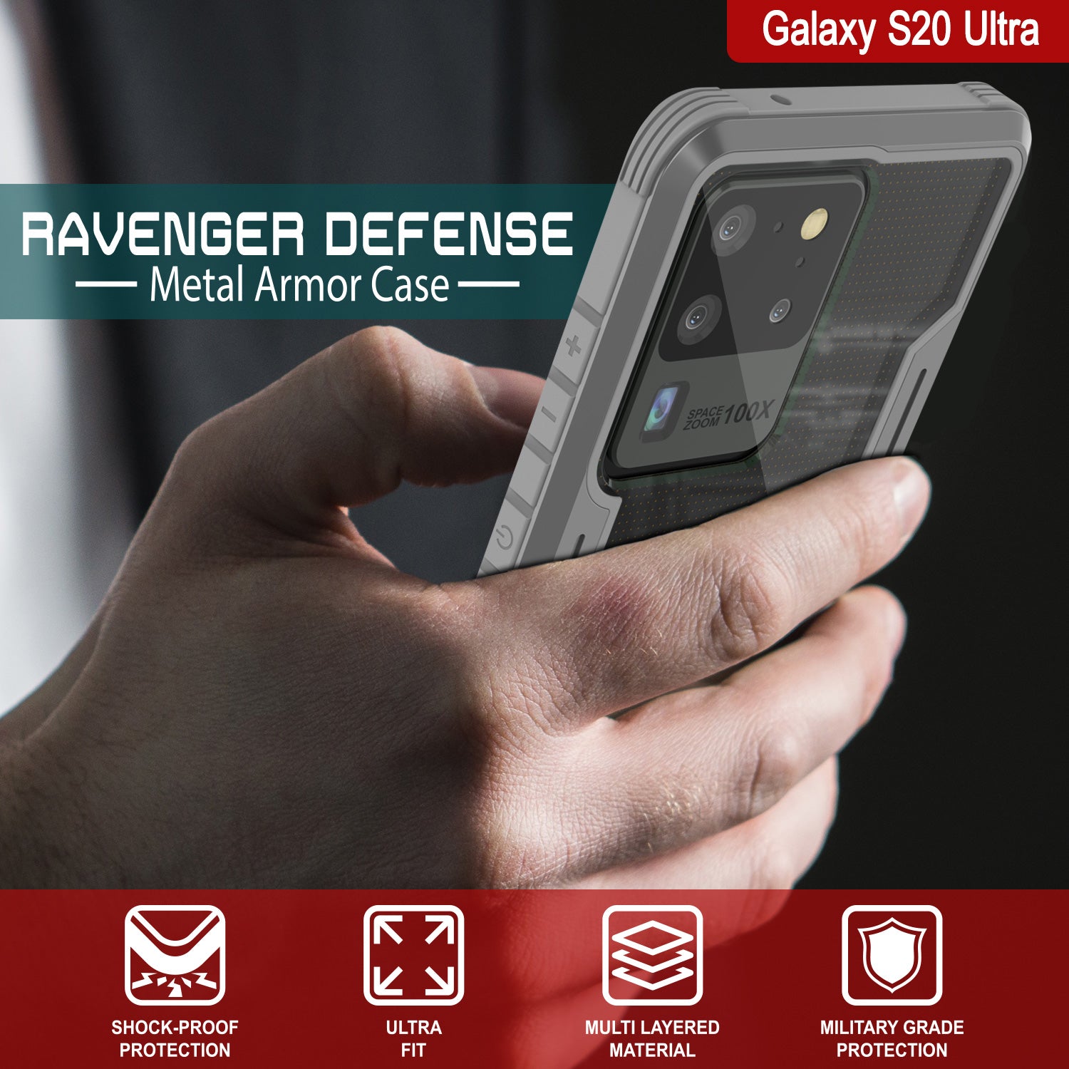 Punkcase S20 Ultra ravenger Case Protective Military Grade Multilayer Cover [Grey]