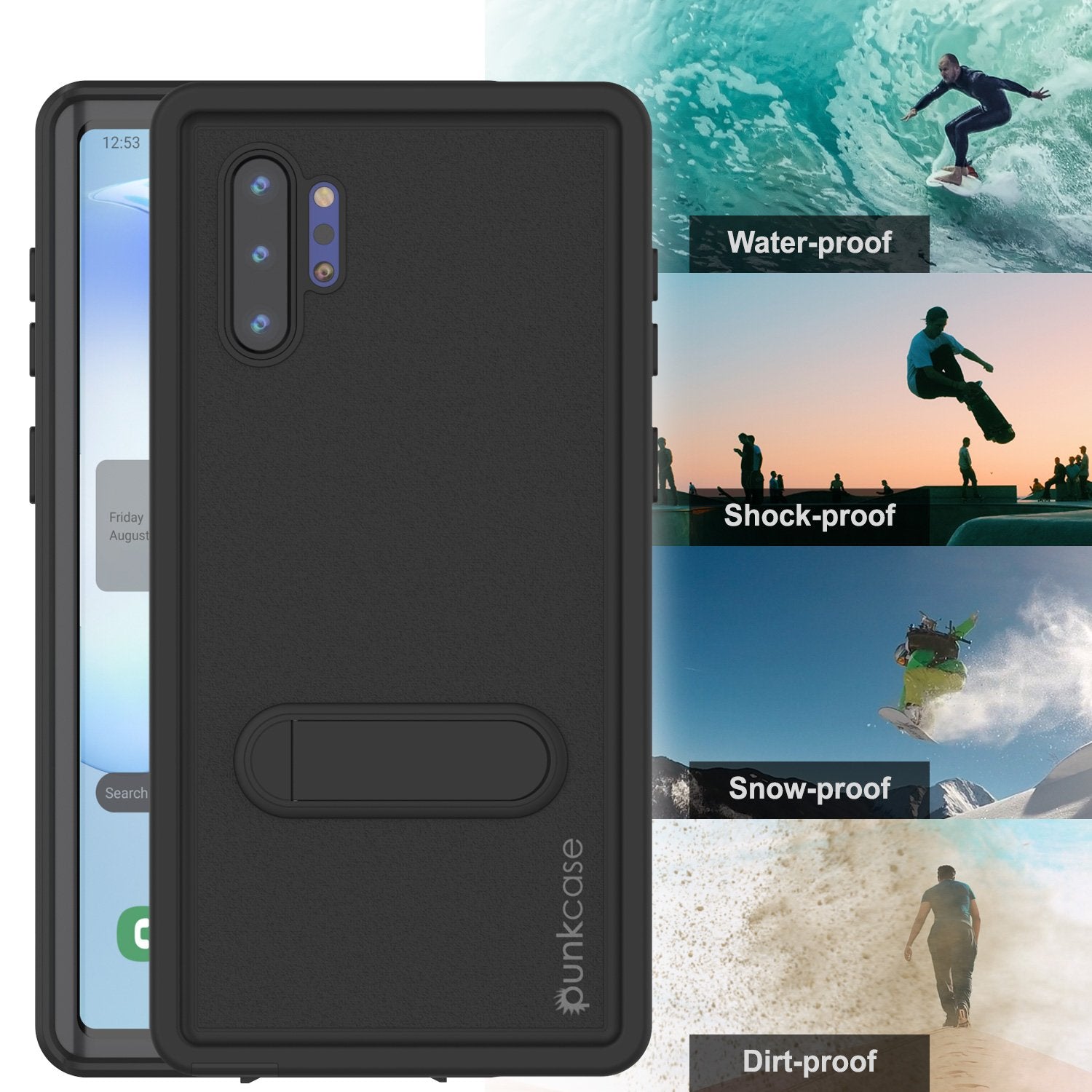 PunkCase Galaxy Note 10+ Plus Waterproof Case, [KickStud Series] Armor Cover [Black]