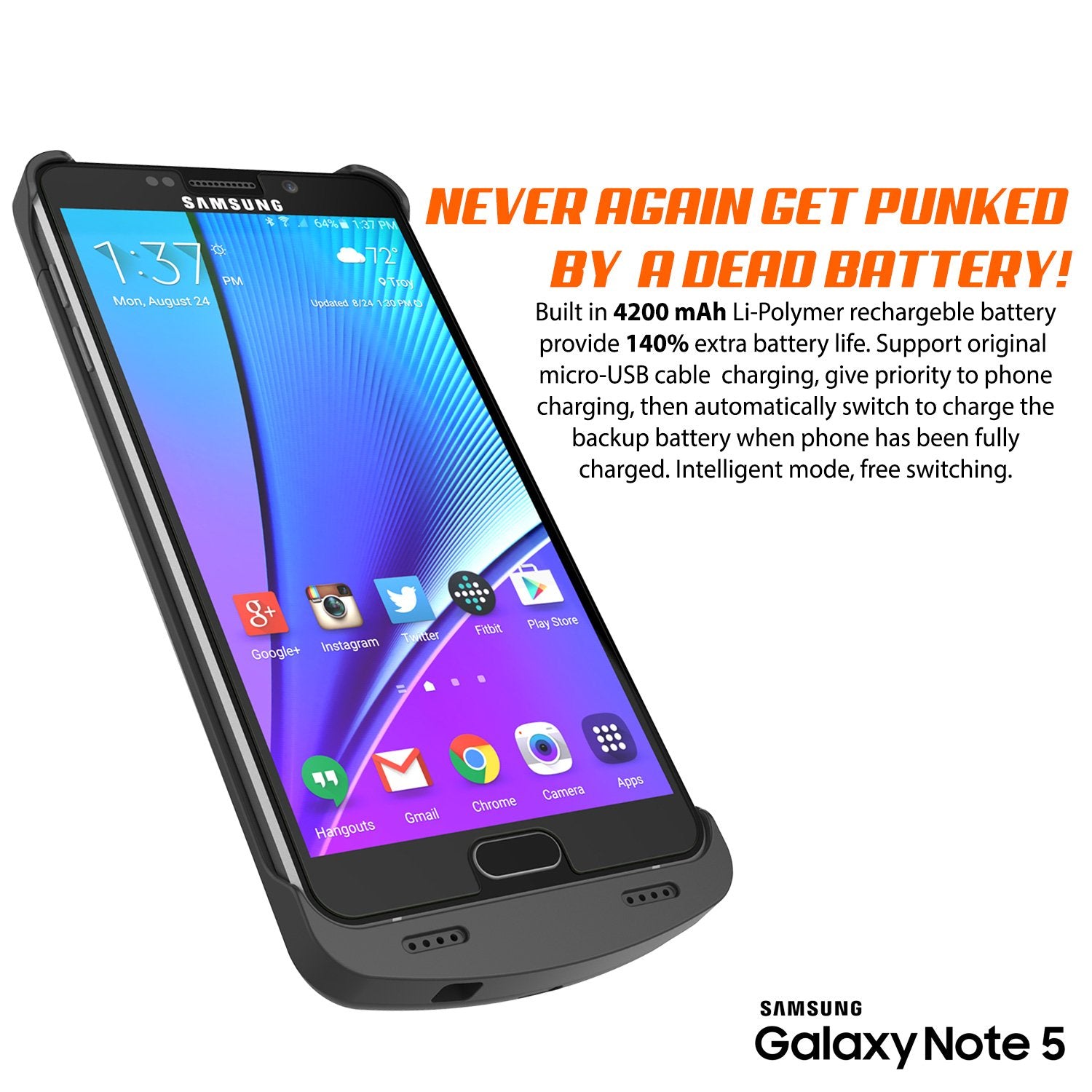 Galaxy Note 8 Battery PunkCase, 5000mAH Charger Case W/USB port, Black