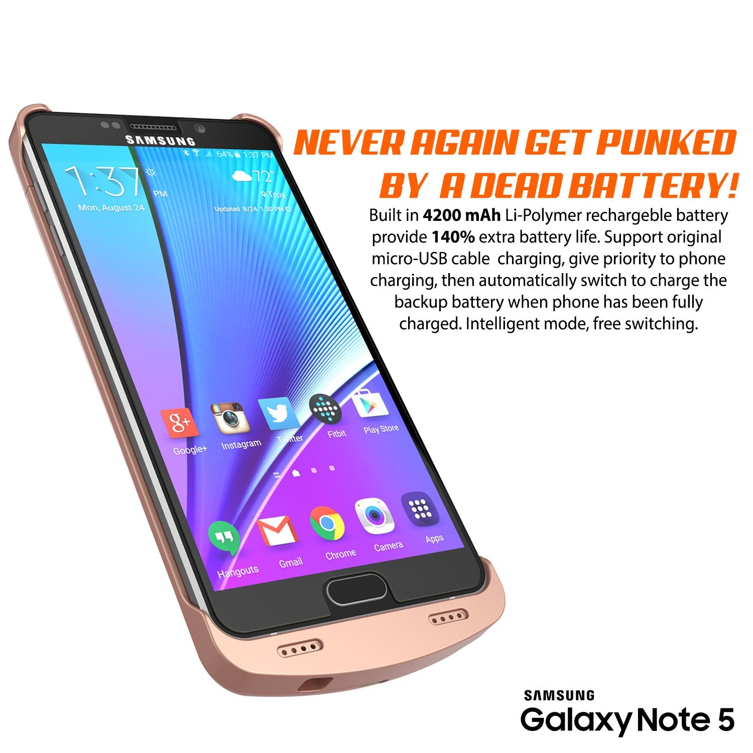 Galaxy Note 5 Battery Case, Punkcase 5000mAH Charger Rose Gold Case