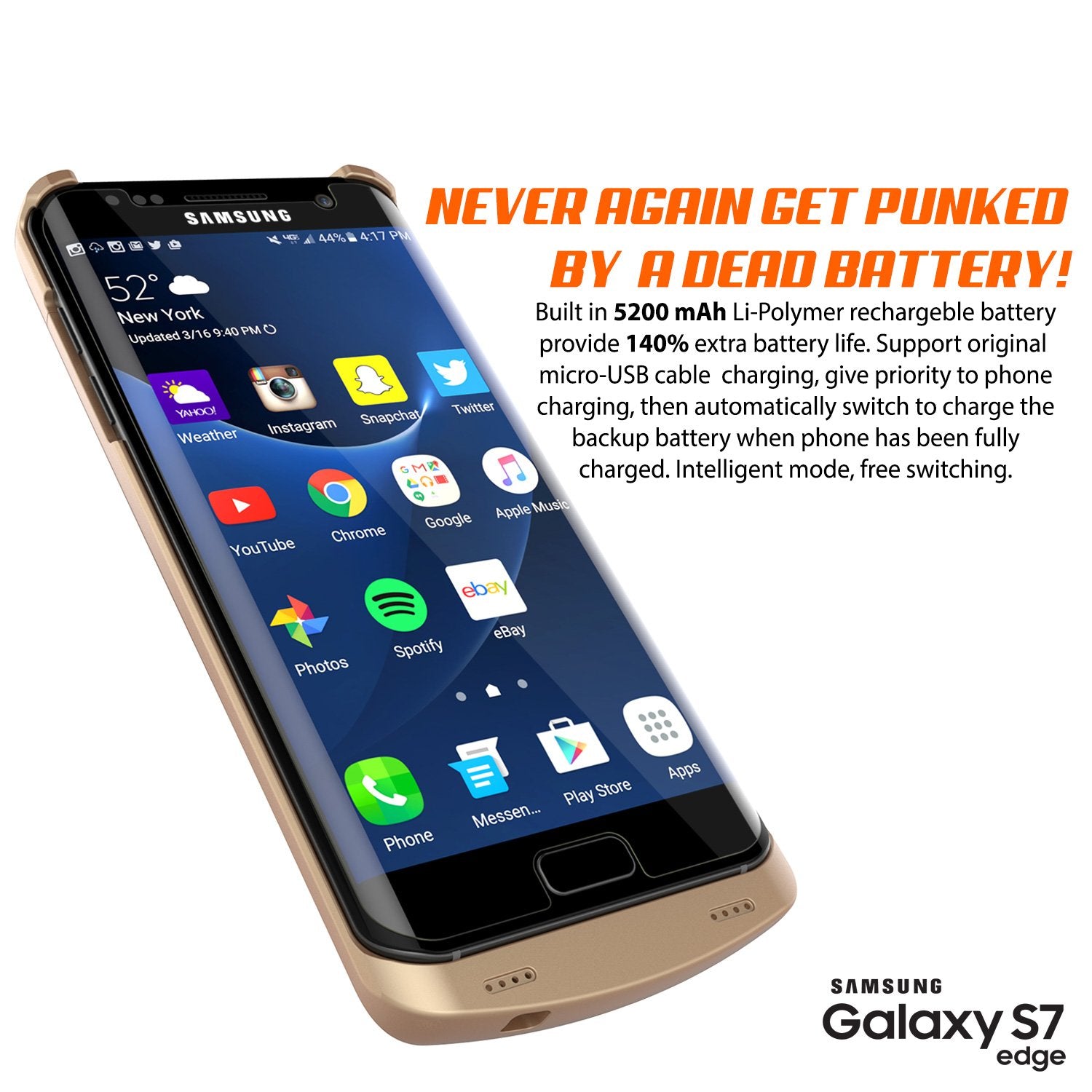 Galaxy S7 EDGE Battery Case, Punkcase 5200mAH Charger Gold Case