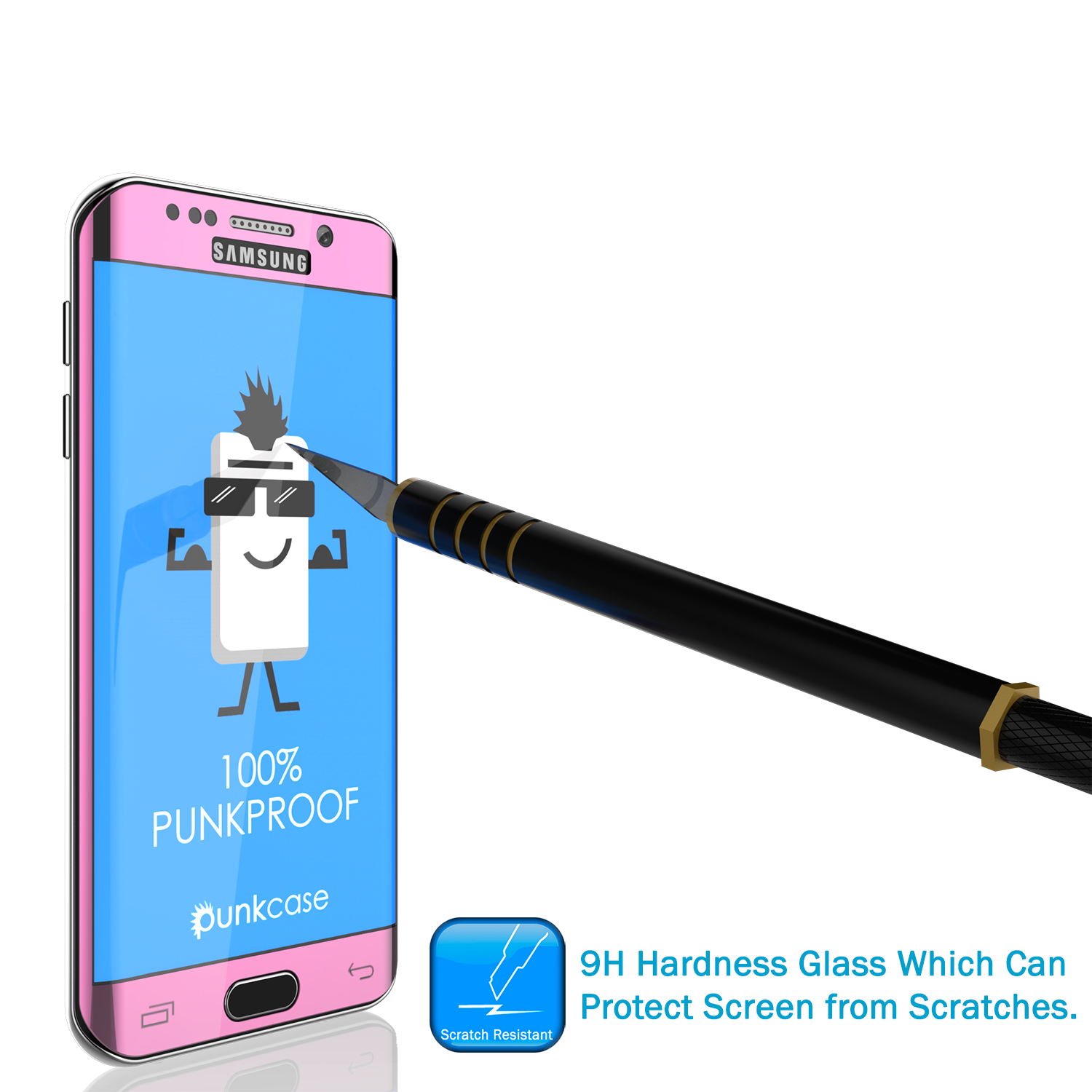 Galaxy S6 Edge Pink Tempered Glass Screen Protector, PUNKSHIELD \0.33mm Thick 9H Glass