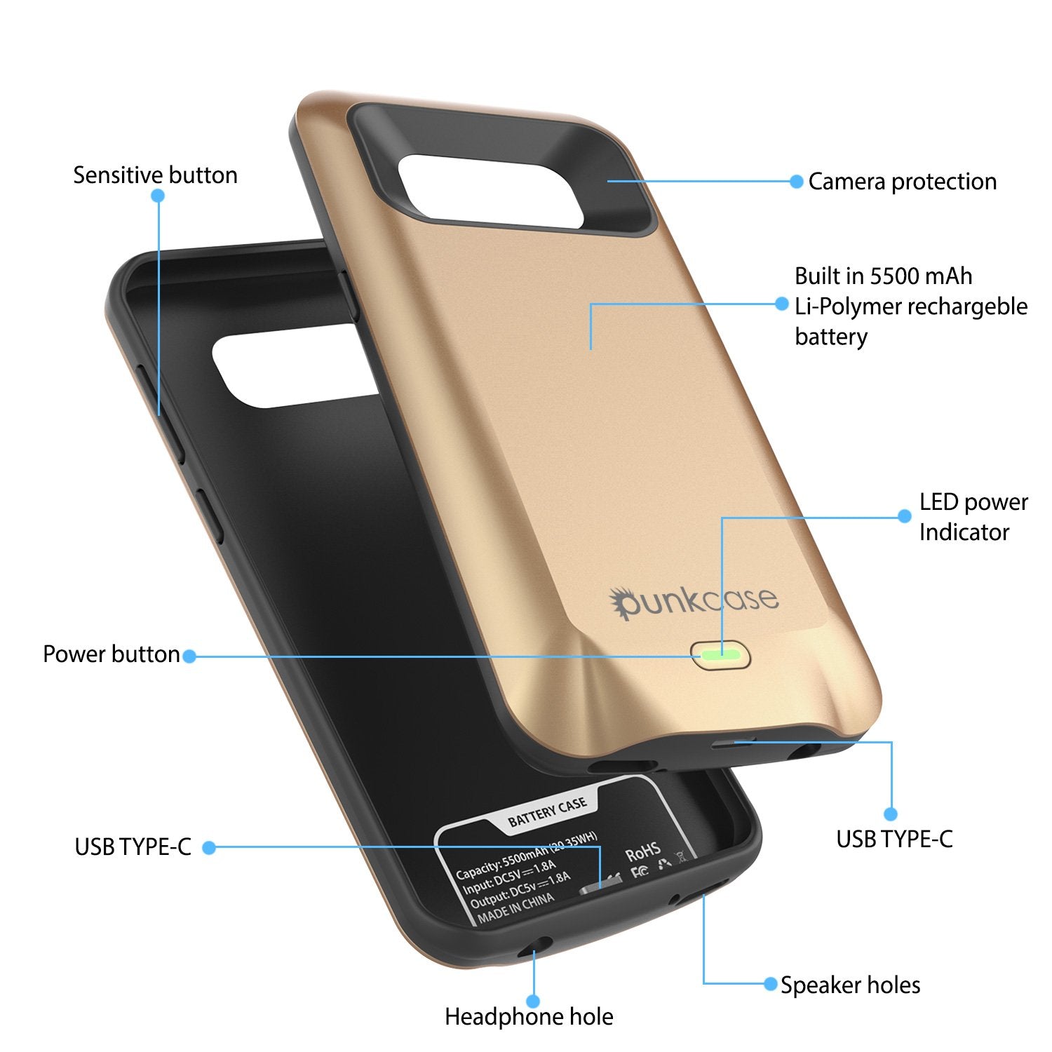 Galaxy S8 Plus Battery Case, 5500mAH Charger W/USB Port Case [Gold]