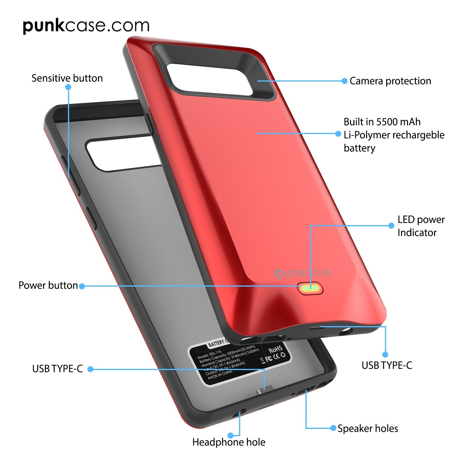 Galaxy Note 8 Battery PunkCase, 5000mAH Charger Case W/USB port, Red