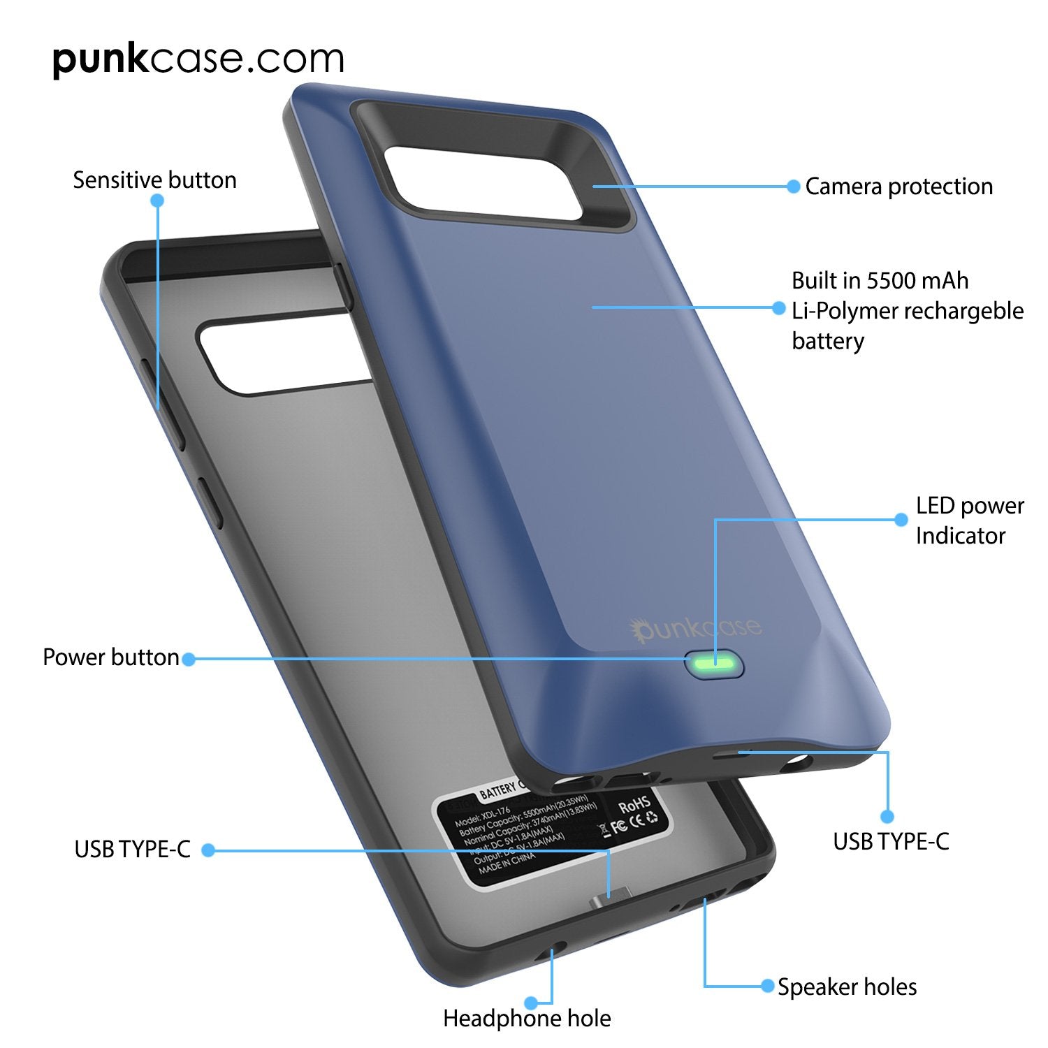Galaxy Note 8 Battery PunkCase, 5000mAH Charger Case W/USB port, Blue