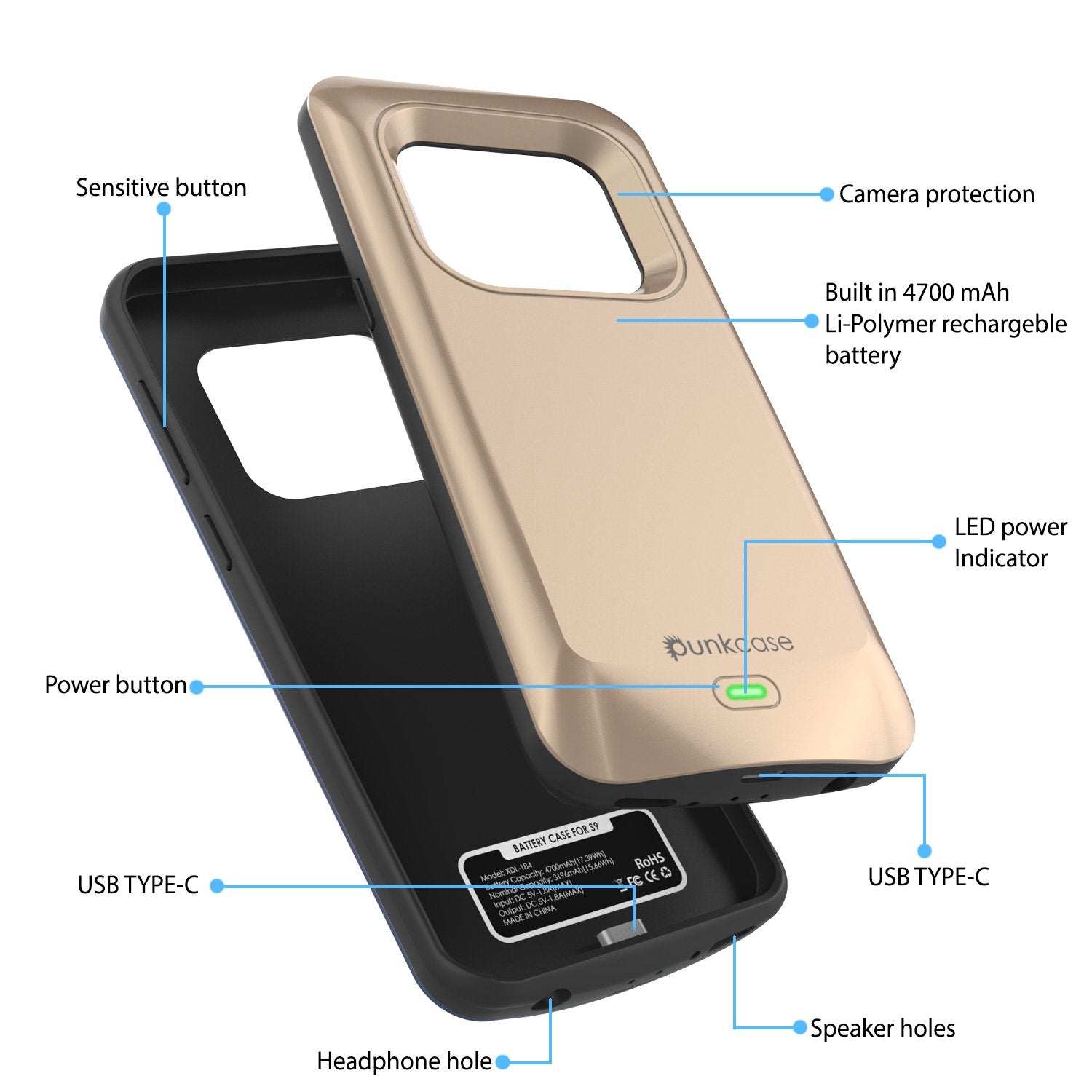 Galaxy S9 Battery Case PunkJuice 5000mAH Fast Charging Power Bank Gold