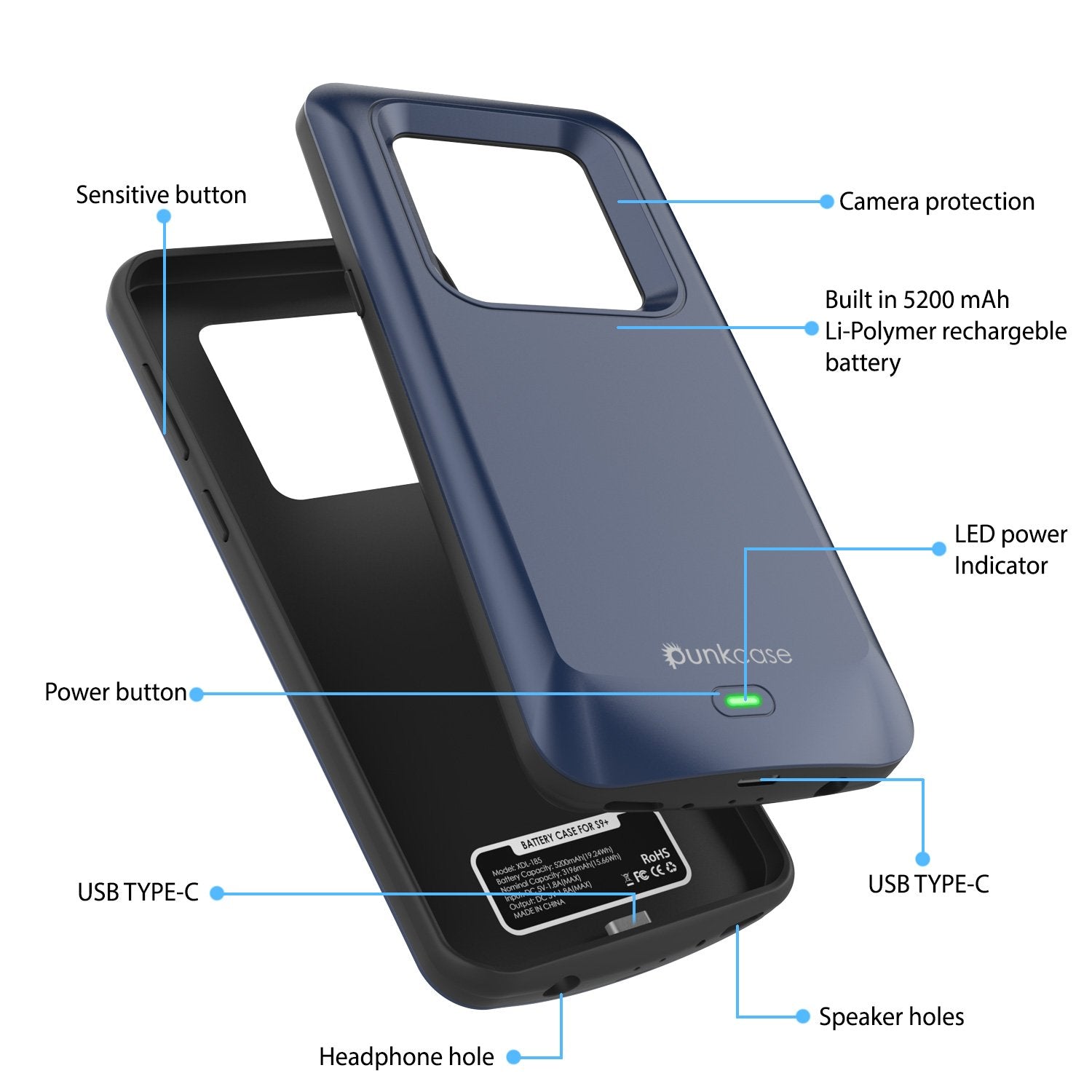 Galaxy S9 Plus Case, PunkJuice 5000mAH Fast Charging Power Bank[Navy]