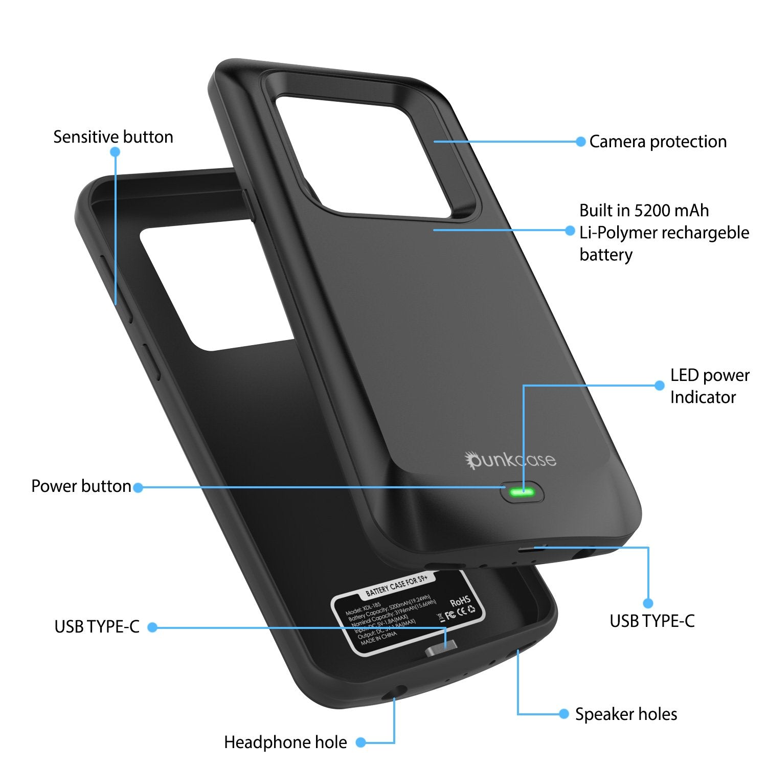 Galaxy S9 Plus Battery Case Punkjuice 5000mAH Fast Charging Case Black
