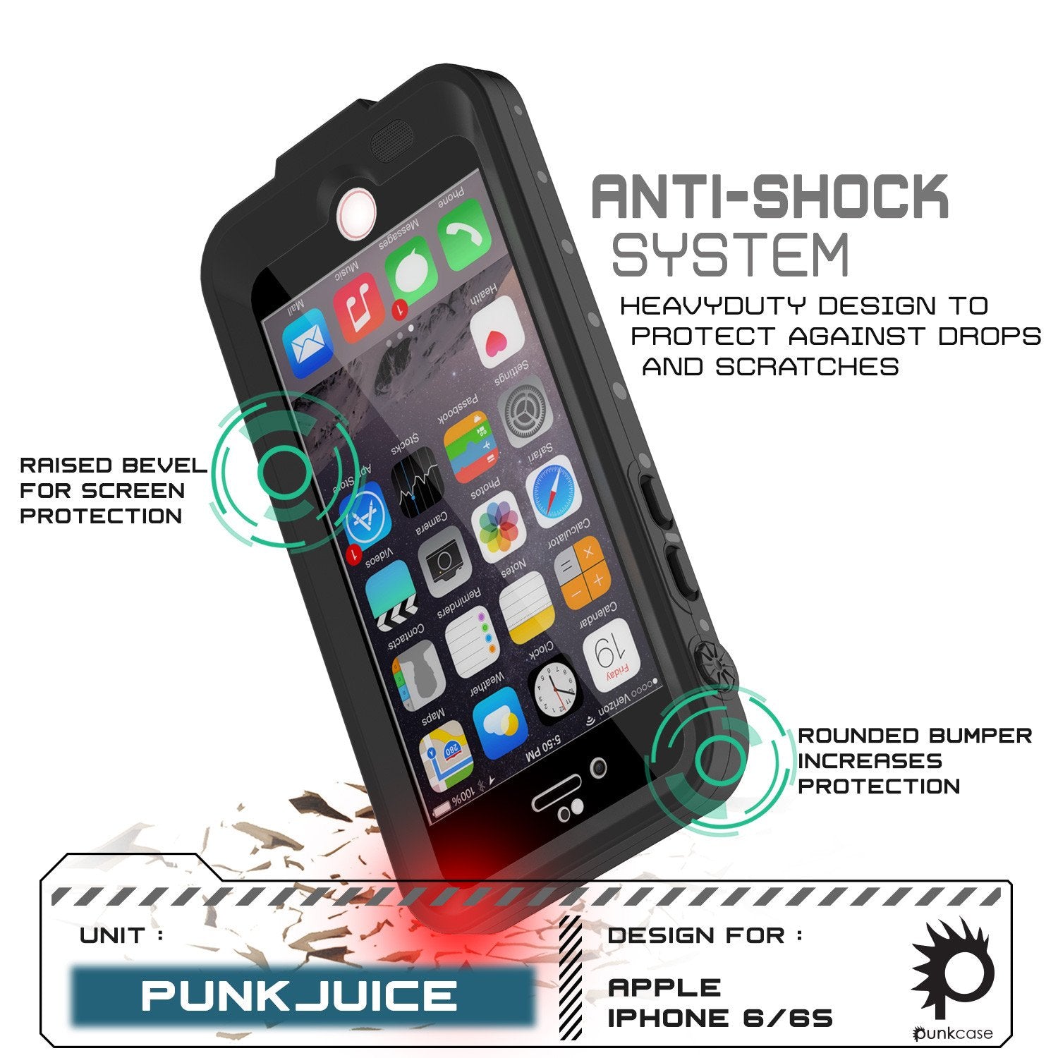 PunkJuice iPhone 6/6s Battery Case Black Waterproof Power Juice Bank w/ 2750mAh  | Fastcharging