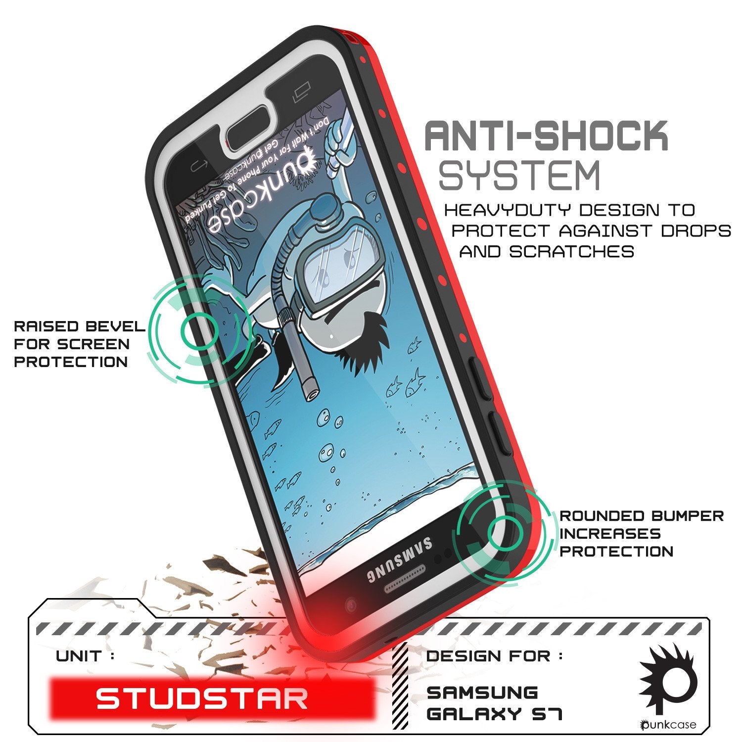 Galaxy S7 Waterproof Case PunkCase StudStar Red Thin 6.6ft Underwater IP68 Shock/Dirt/Snow Proof