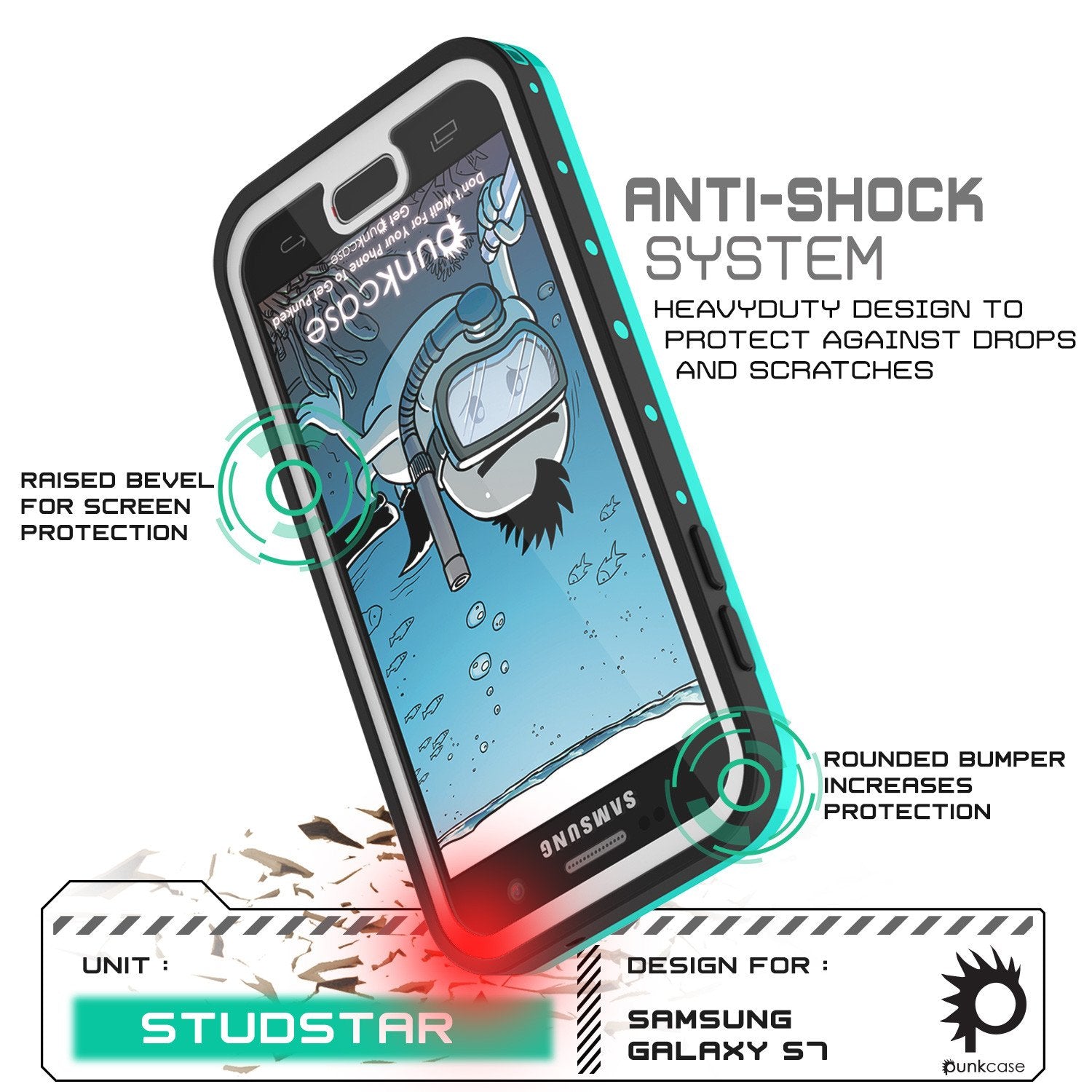 Galaxy S7 Waterproof Case PunkCase StudStar Teal Thin 6.6ft Underwater IP68 Shock/Dirt/Snow Proof