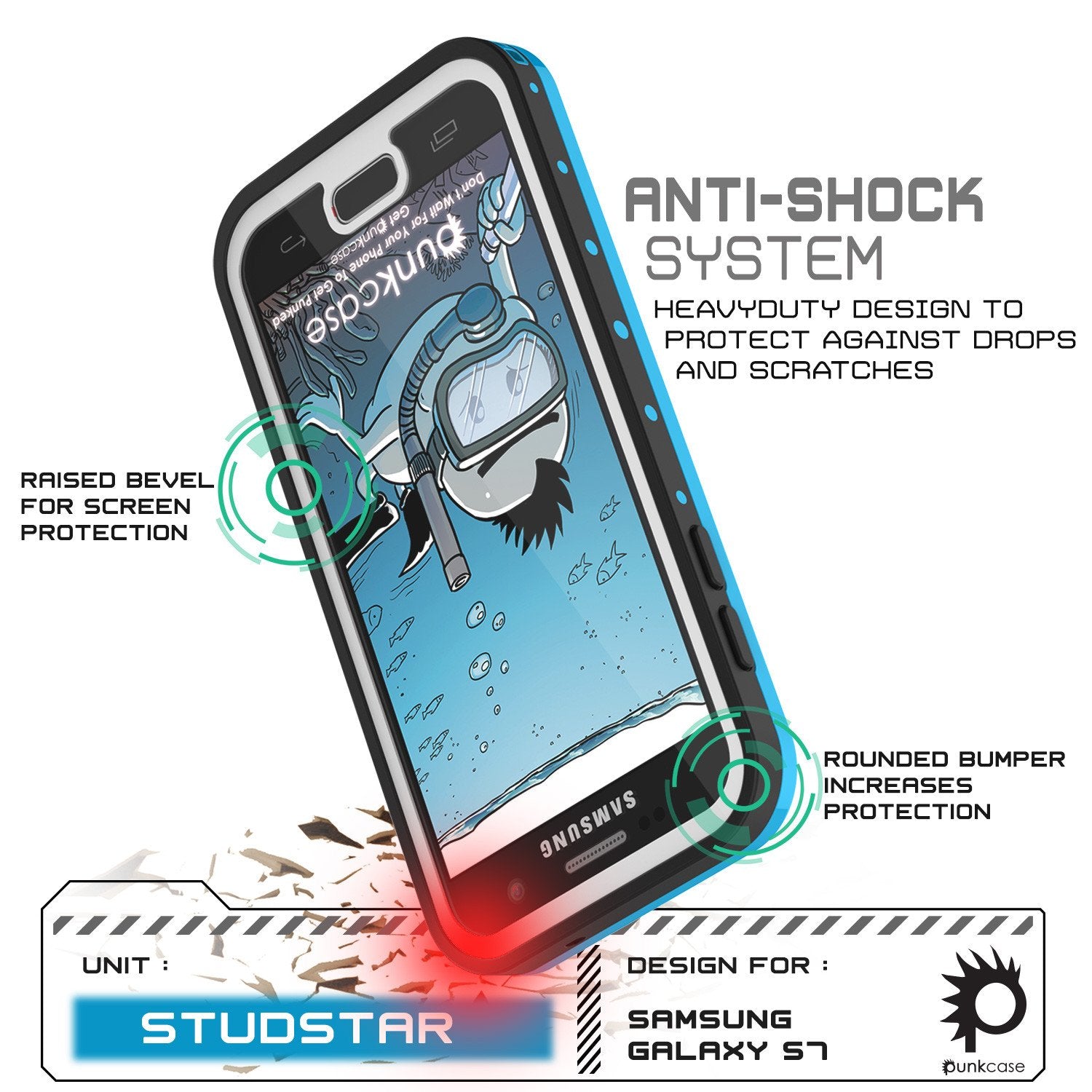 Galaxy S7 Waterproof Case PunkCase StudStar Light Blue Thin 6.6ft Underwater IP68 Shock/Dirt Proof