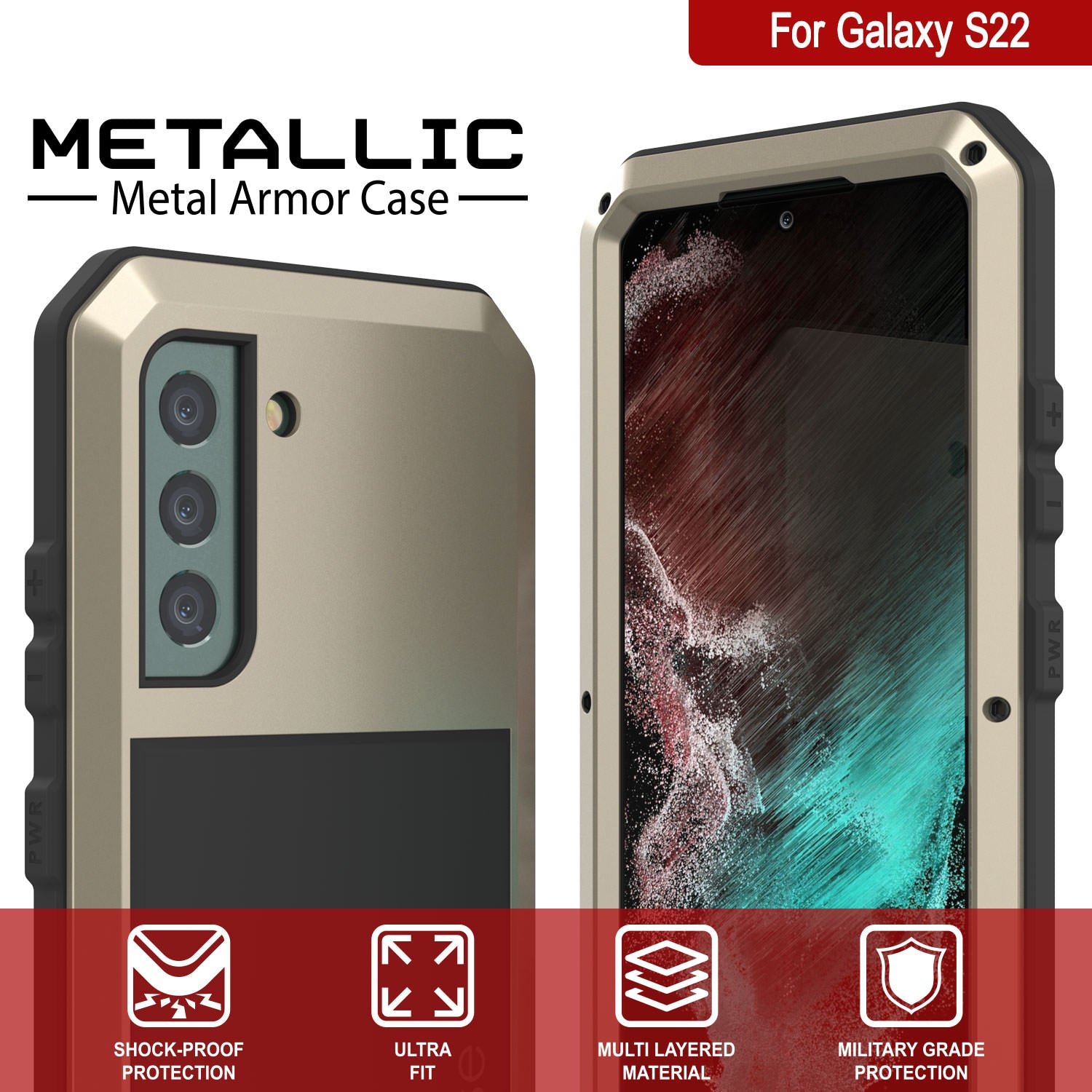Galaxy S22 Metal Case, Heavy Duty Military Grade Rugged Armor Cover [Gold]