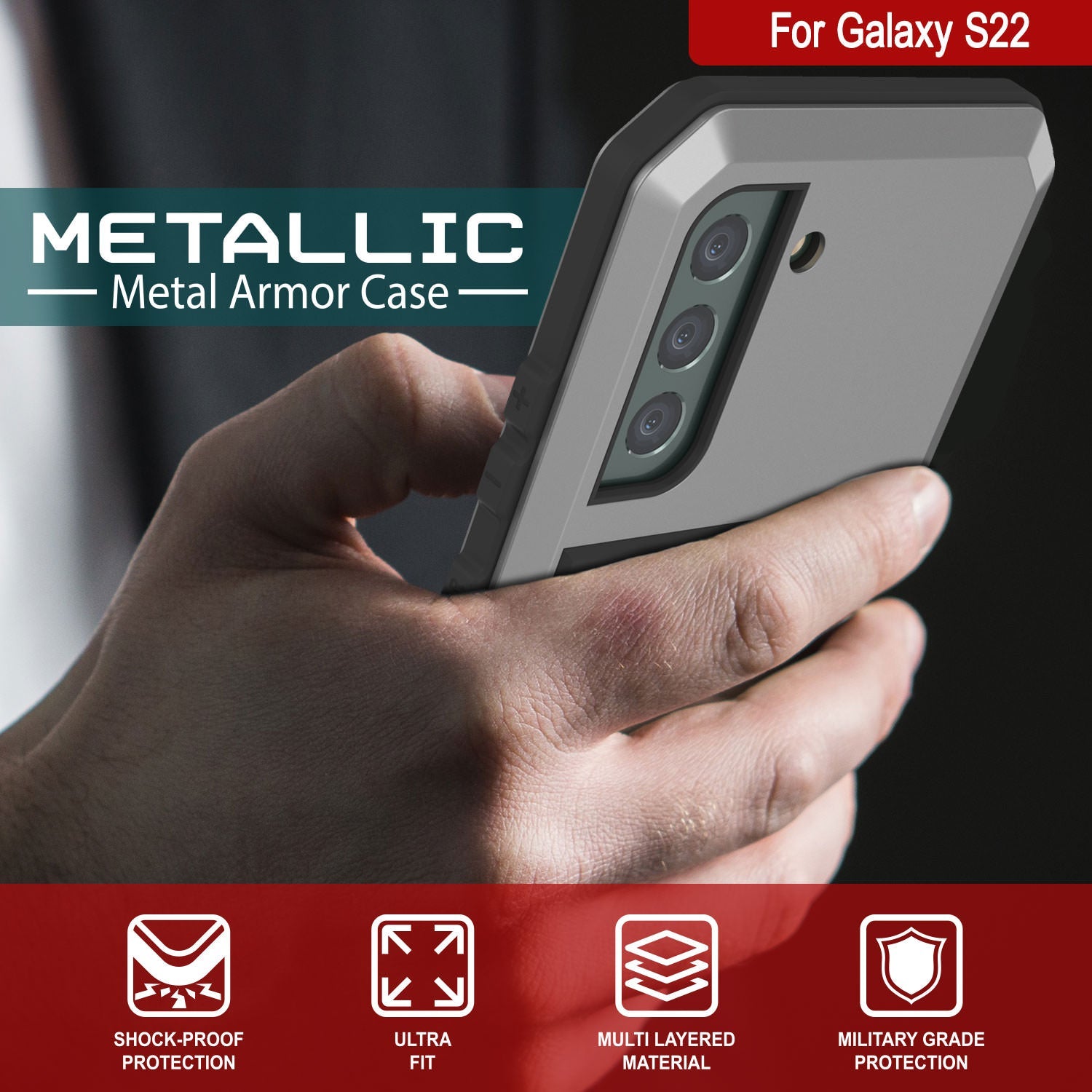Galaxy S22 Metal Case, Heavy Duty Military Grade Rugged Armor Cover [Silver]
