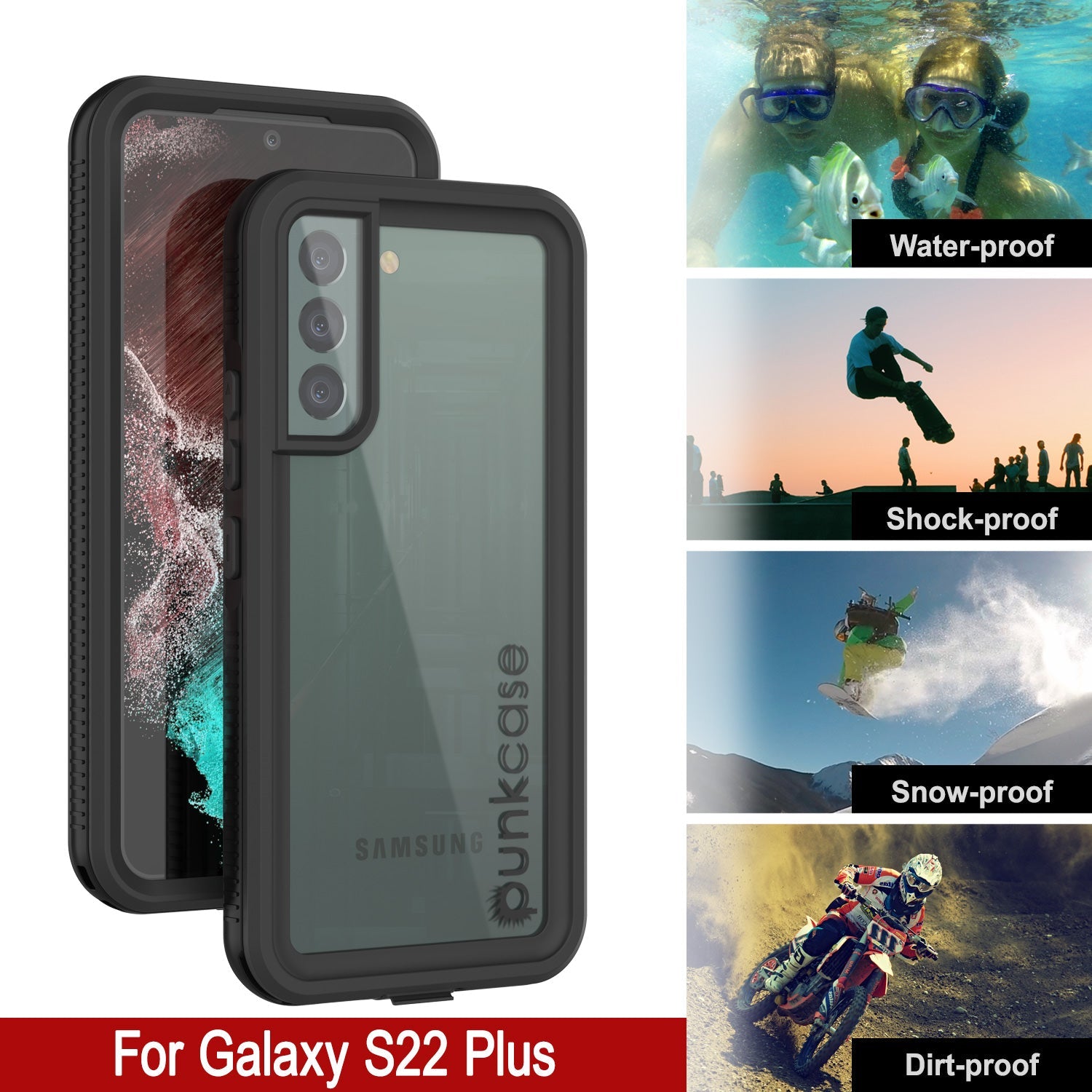 Galaxy S22+ Plus Waterproof Case PunkCase Ultimato Black Thin 6.6ft Underwater IP68 Shock/Snow Proof [Black]