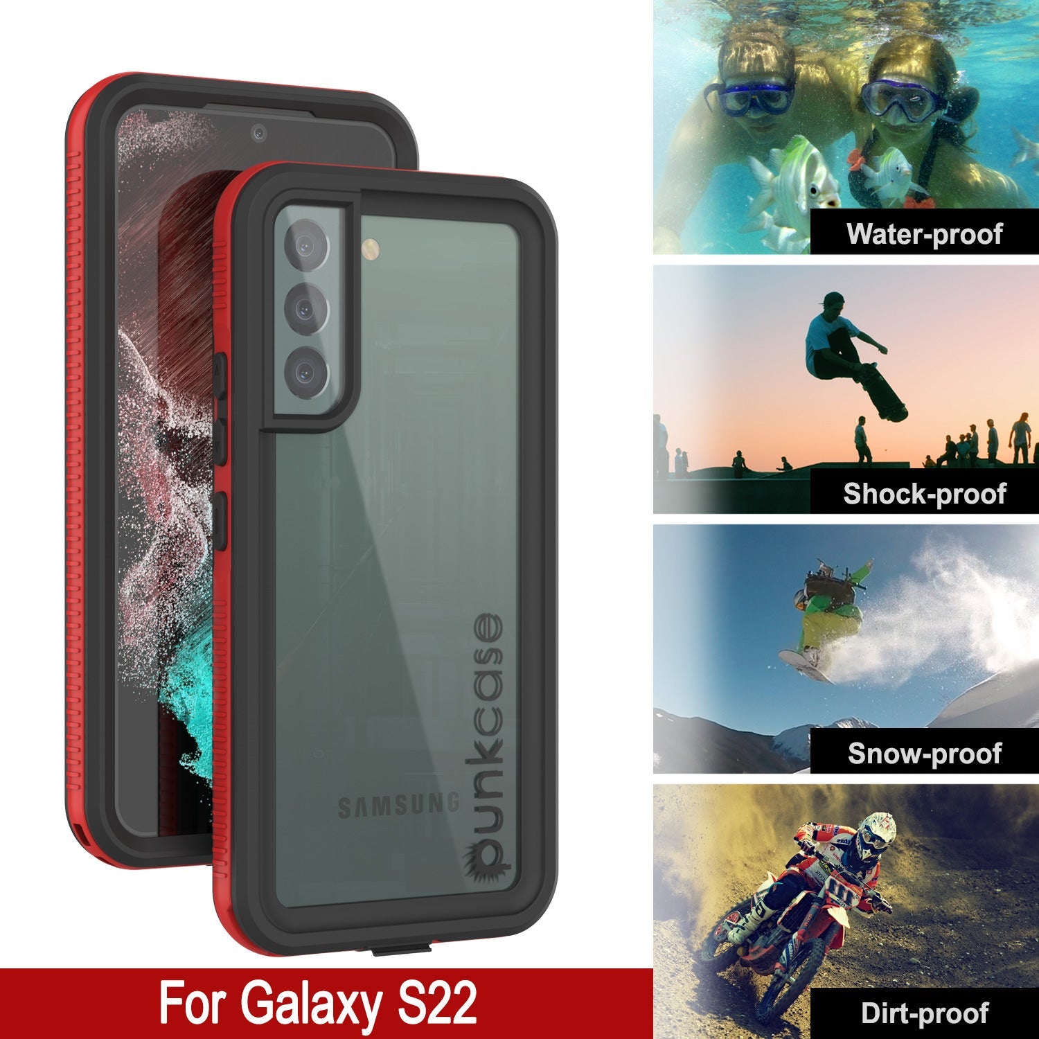 Galaxy S22 Waterproof Case PunkCase Ultimato Red Thin 6.6ft Underwater IP68 Shock/Snow Proof [Red]