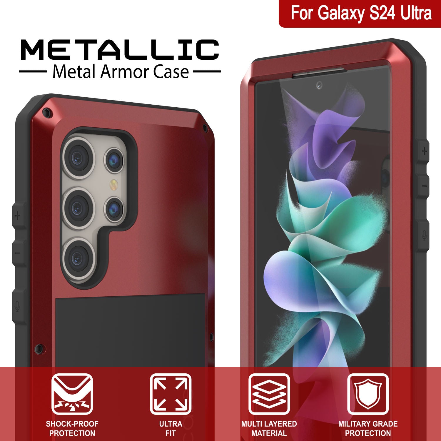 Galaxy S24 Ultra Metal Case, Heavy Duty Military Grade Armor Cover [shock proof] Full Body Hard [Red]