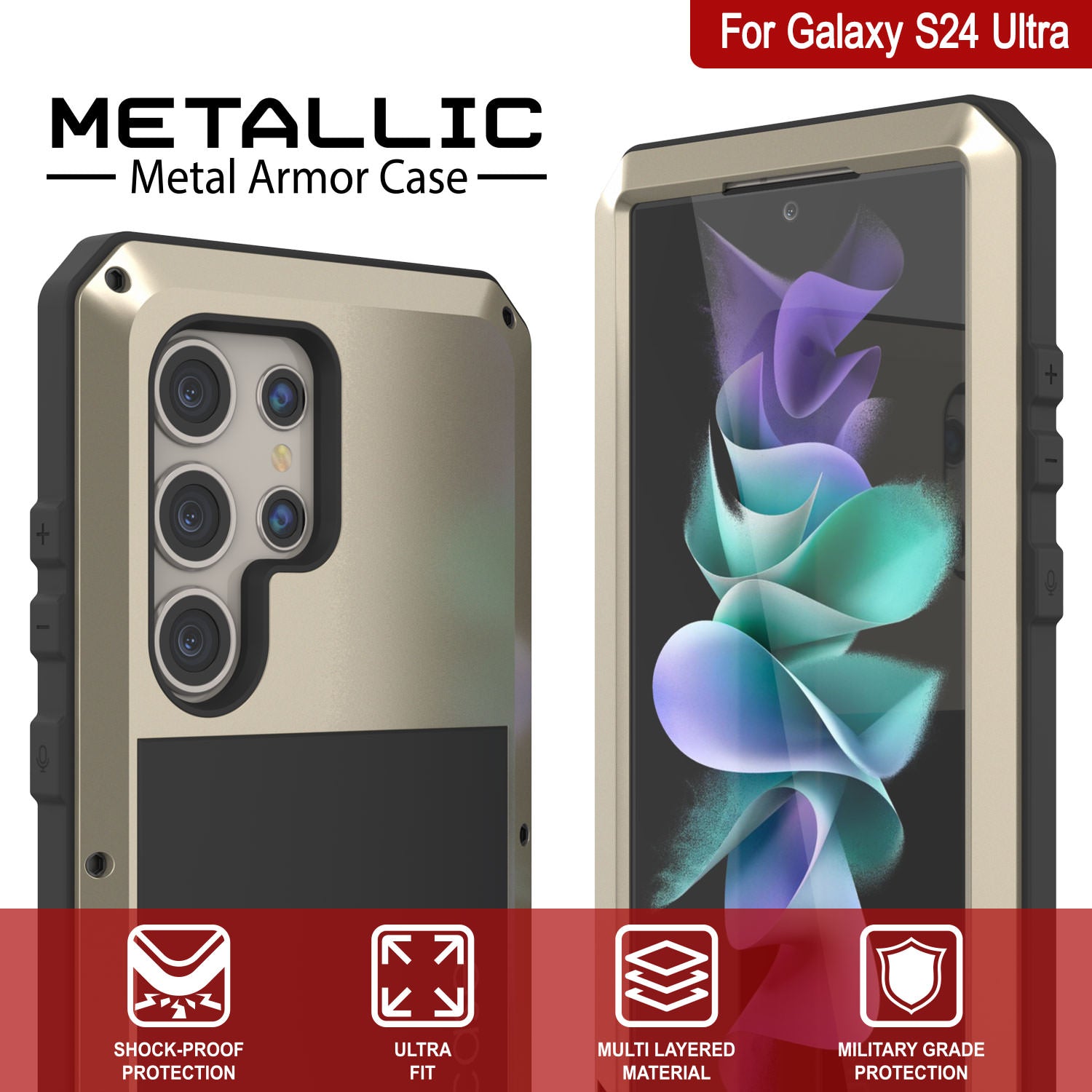 Galaxy S24 Ultra Metal Case, Heavy Duty Military Grade Armor Cover [shock proof] Full Body Hard [Gold]