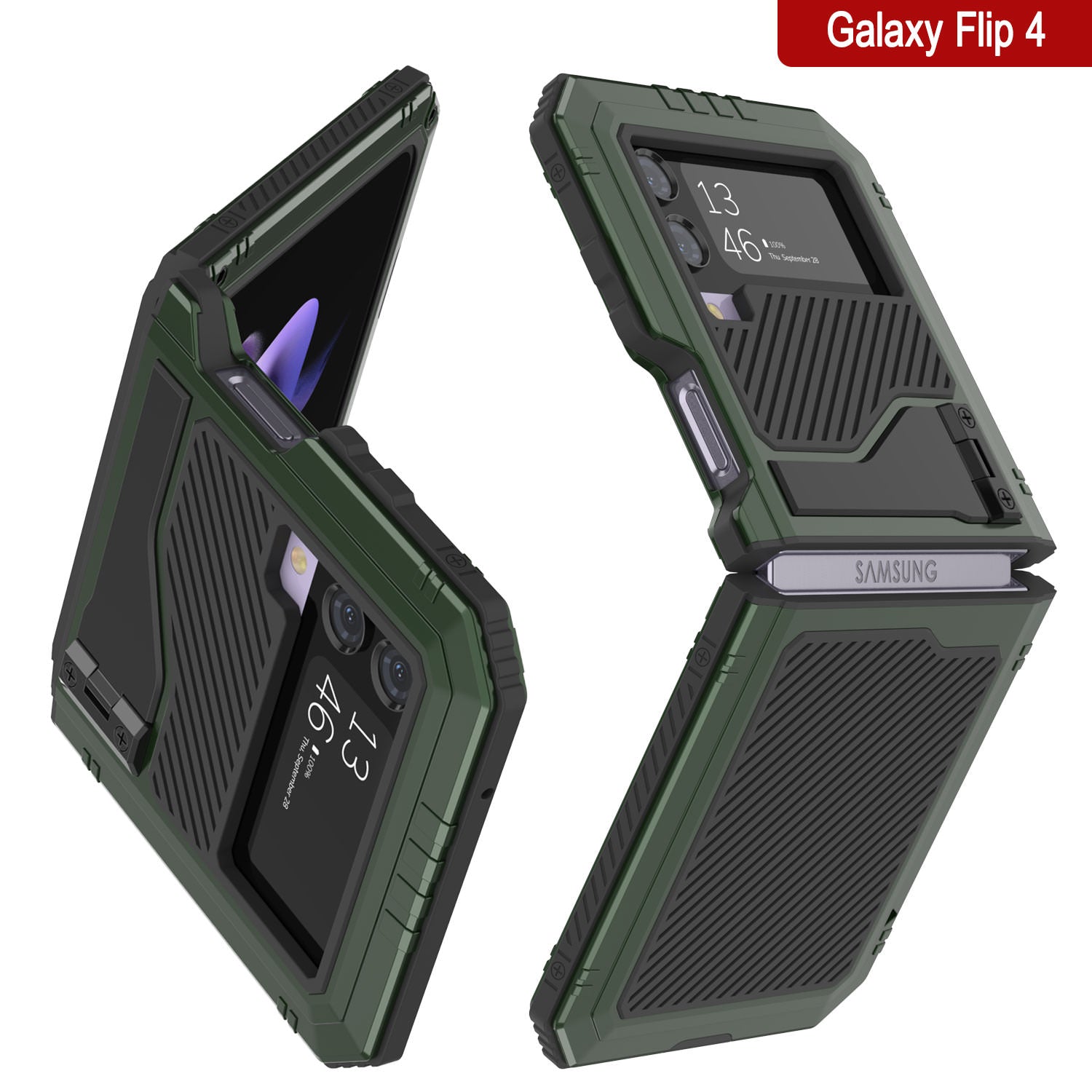 Galaxy Z Flip4 Metal Case, Heavy Duty Military Grade Armor Cover Full Body Hard [Dark Green]