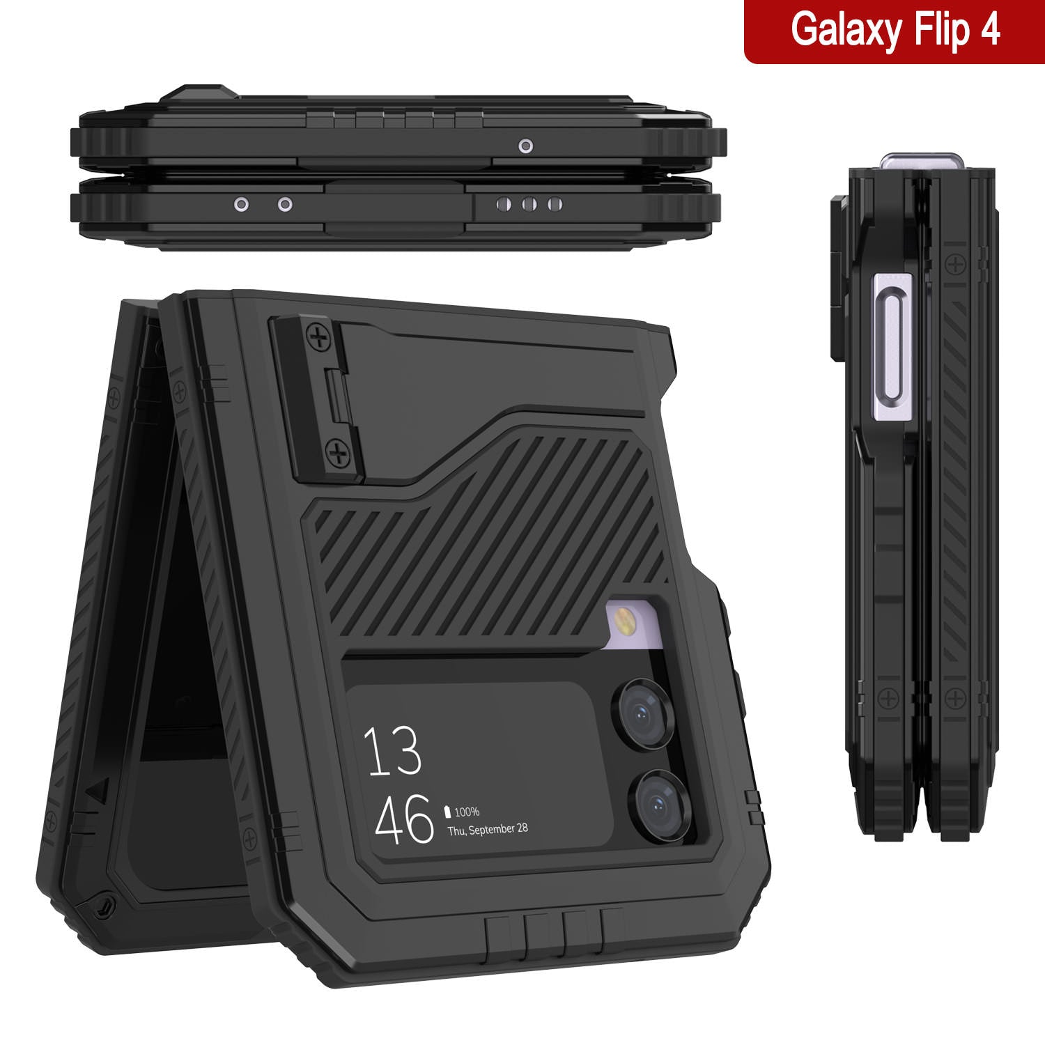 Galaxy Z Flip4 Metal Case, Heavy Duty Military Grade Armor Cover Full Body Hard [Black]