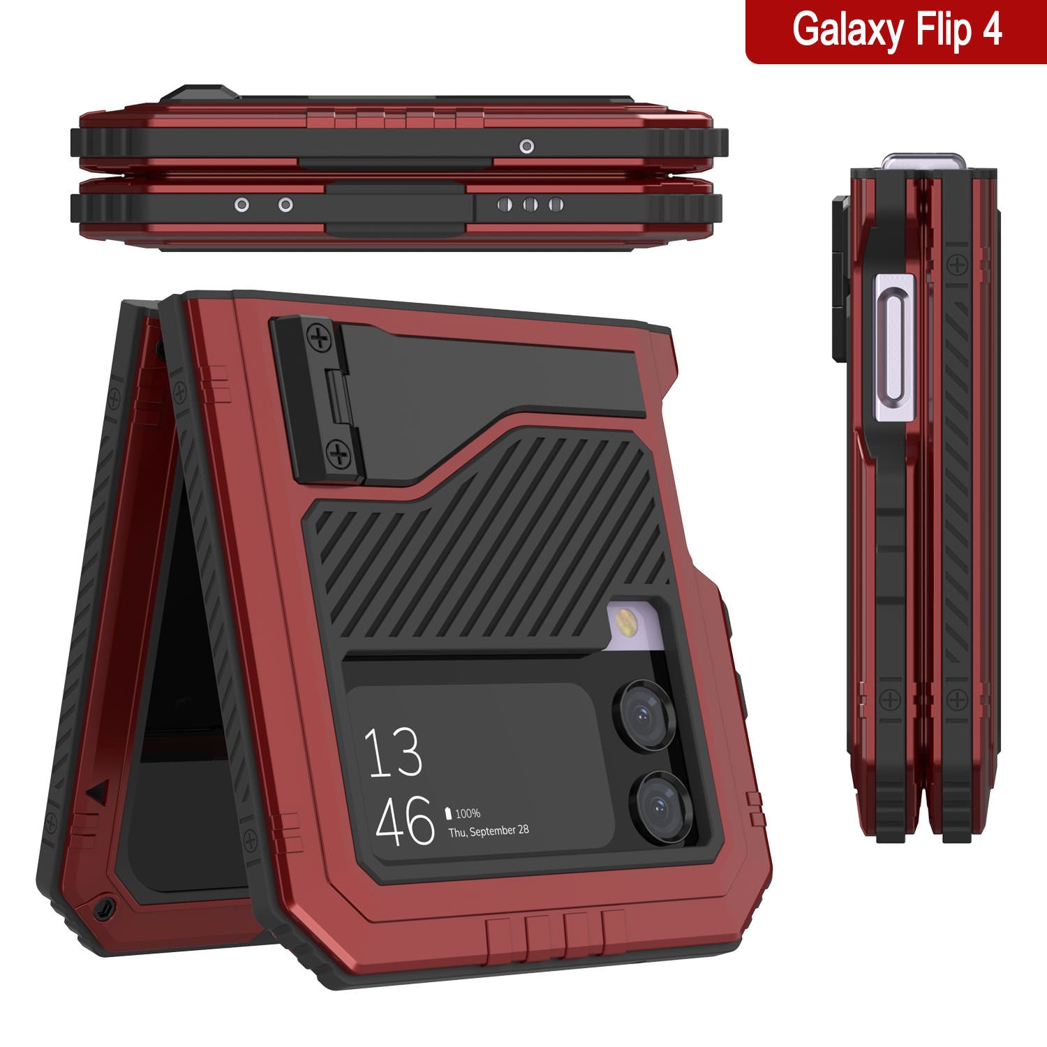 Galaxy Z Flip4 Metal Case, Heavy Duty Military Grade Armor Cover Full Body Hard [Red]