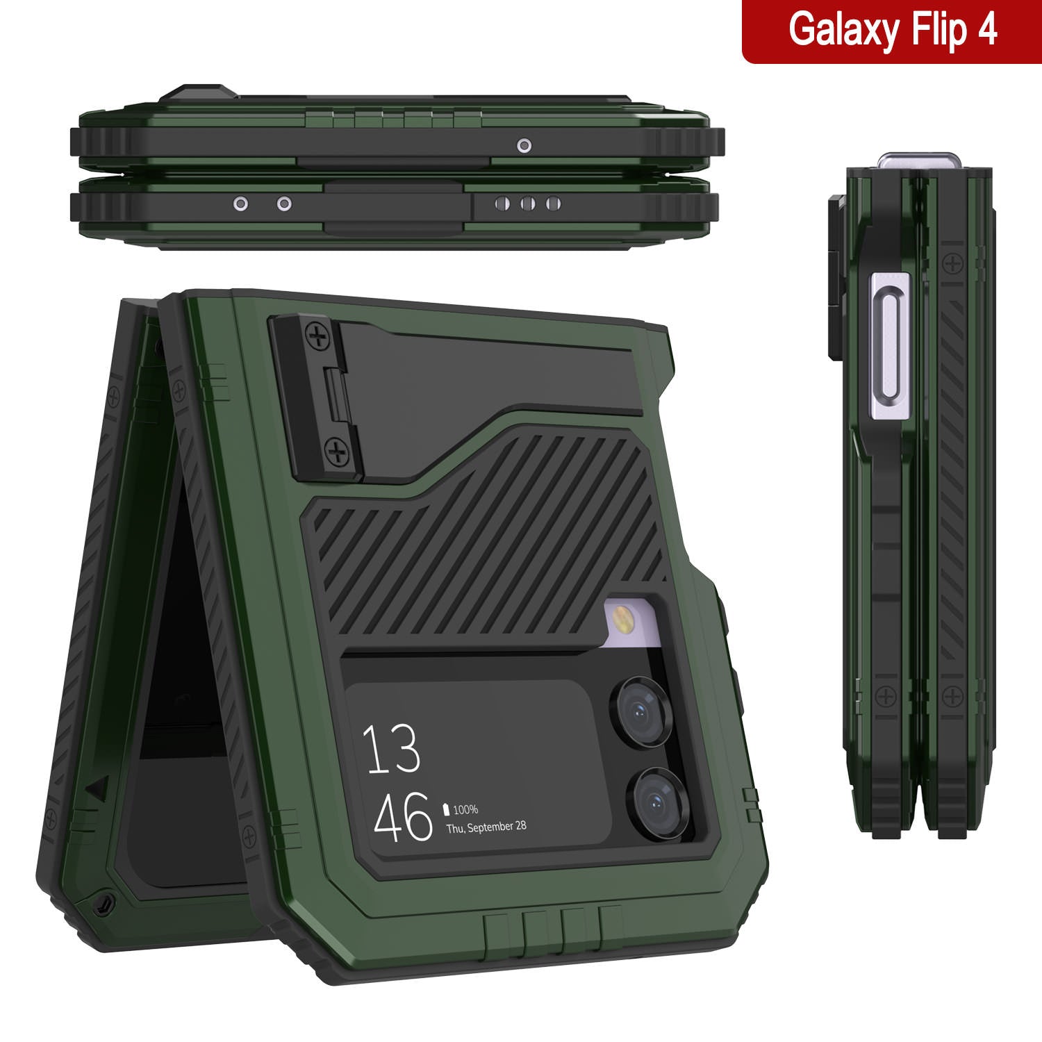 Galaxy Z Flip4 Metal Case, Heavy Duty Military Grade Armor Cover Full Body Hard [Dark Green]